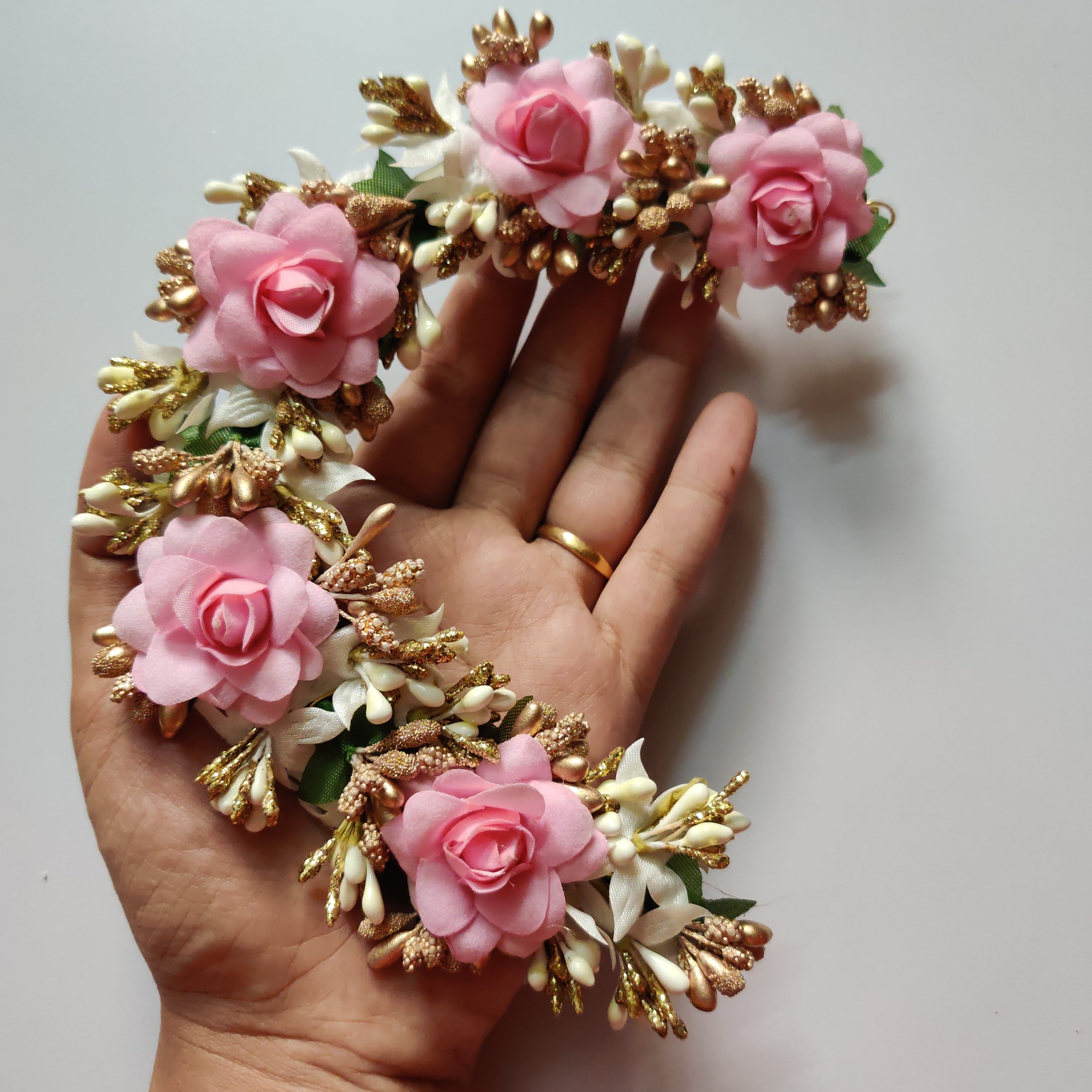 Flexible Baby's Breath & Pink Rose Artificial Hair Bun Flower Accessory