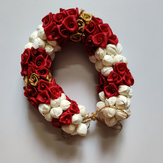 Bridal Hair Bun Artificial Flower Accessory - White, Red and Gold Gajra