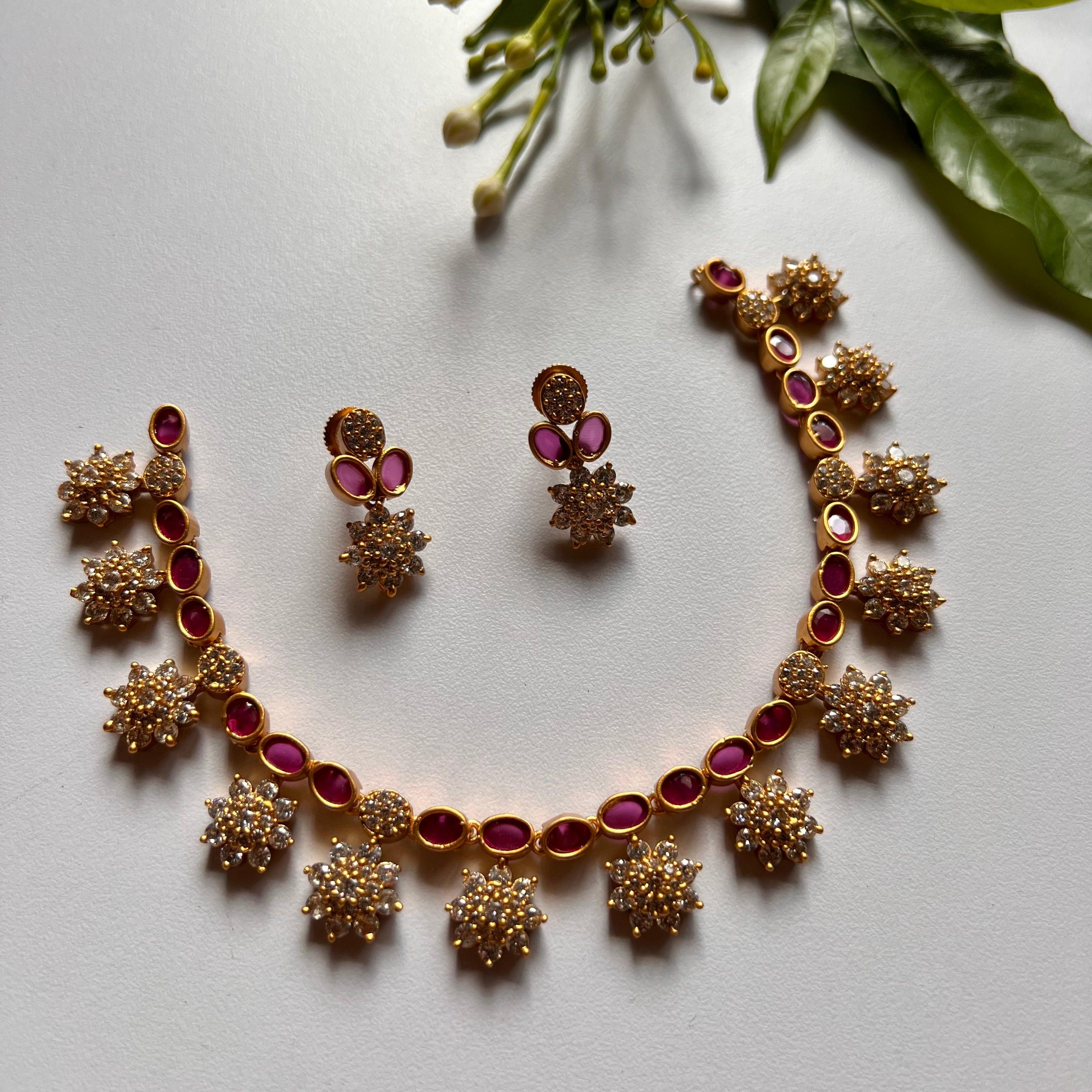 Antique Matte Flower Oval AD Necklace Set - Ruby - Happy Pique 