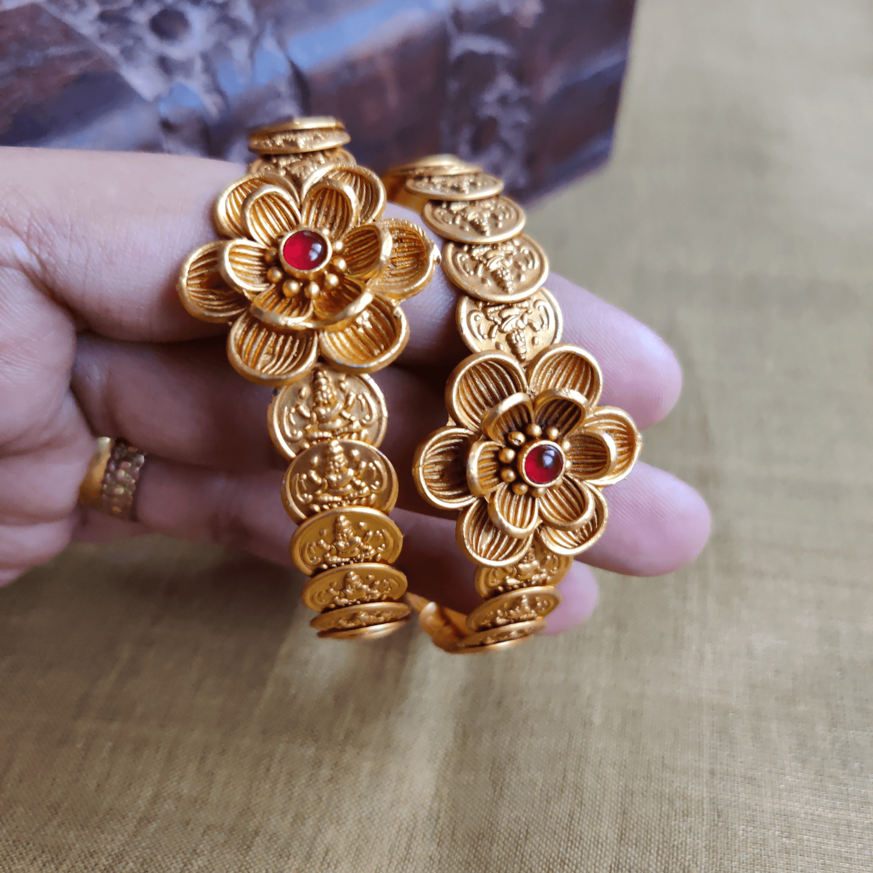 Gold Look Alike Mahalakshmi Coin Flower Bangles - Size:2.6 - Happy Pique 