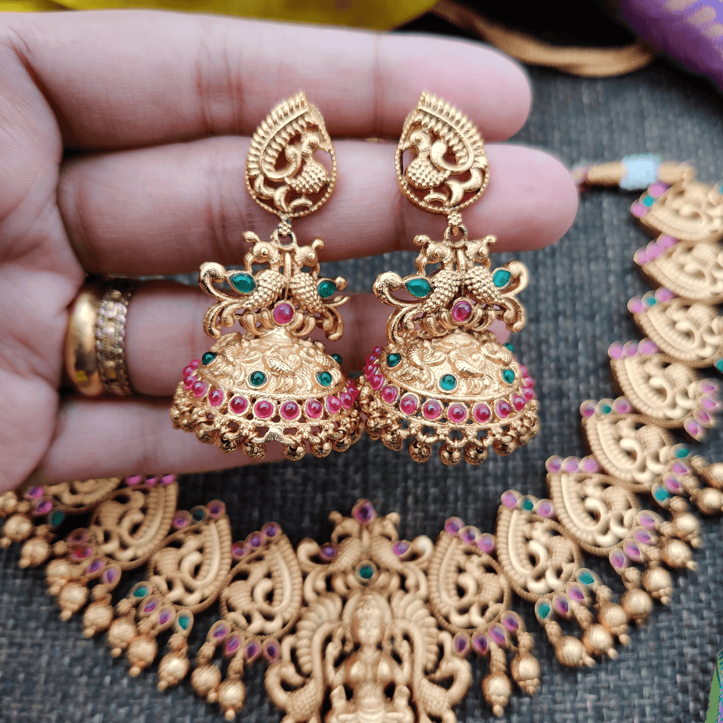 Matte Finish Annapakshi Mahalakshmi Designer Cut Work Necklace set - happy Pique