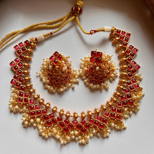 Antique Gold Squares Kemp Necklace Set- Red - Happy Pique 