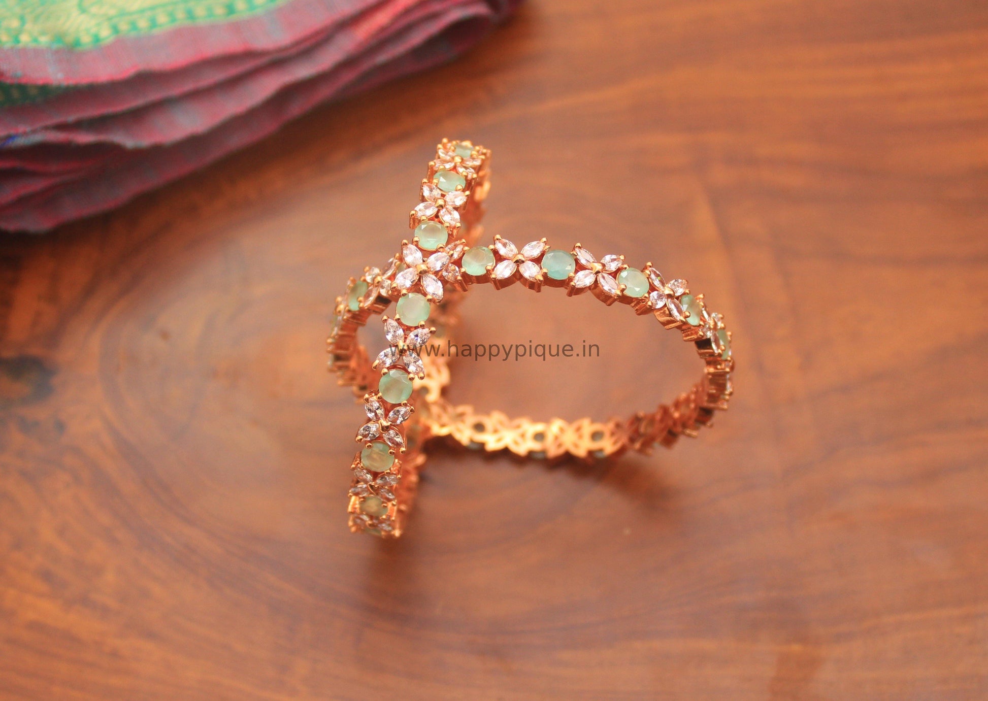 AD Stone Bridal Rose Gold Bangles - Pista - Size: 2.6 - Happy Pique 