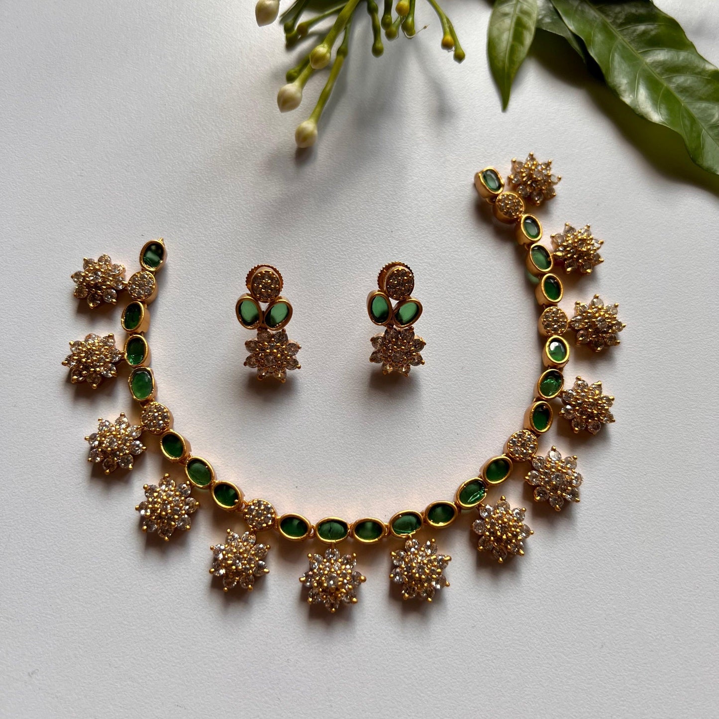 Antique Matte Flower Oval AD Necklace Set - Green - Happy Pique 