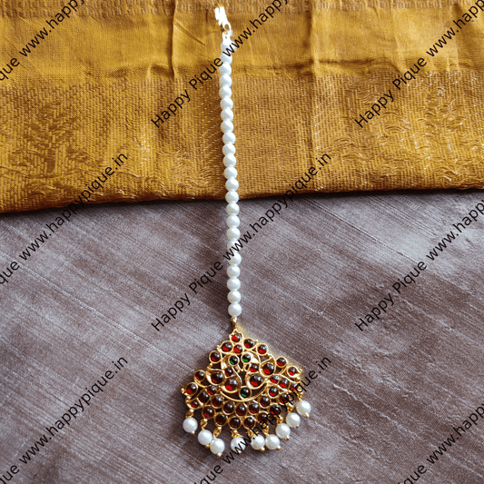 Simple Single Pearl Line Mayil Kemp Tikka - Nethichutti