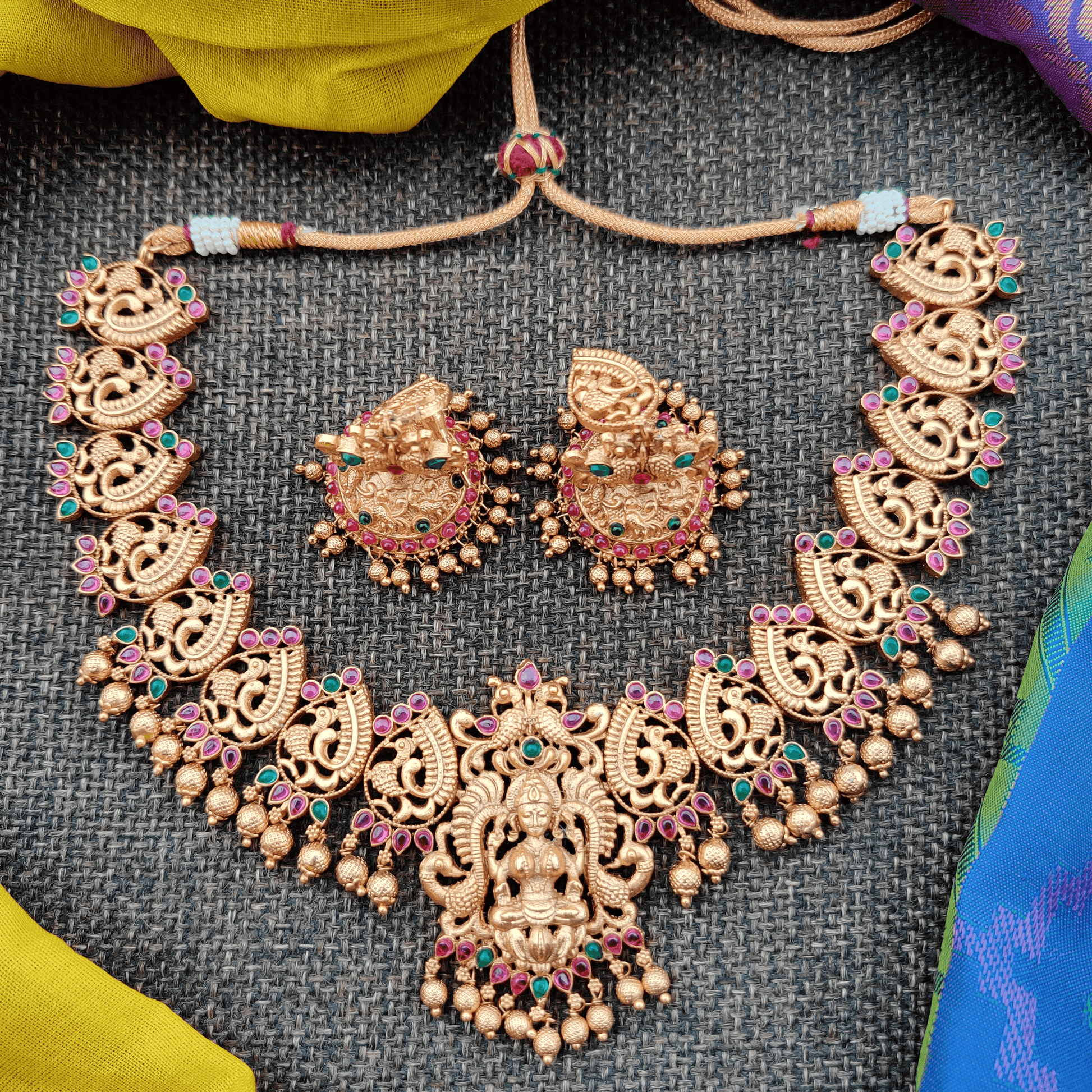 Matte Finish Annapakshi Mahalakshmi Designer Cut Work Necklace set - happy Pique