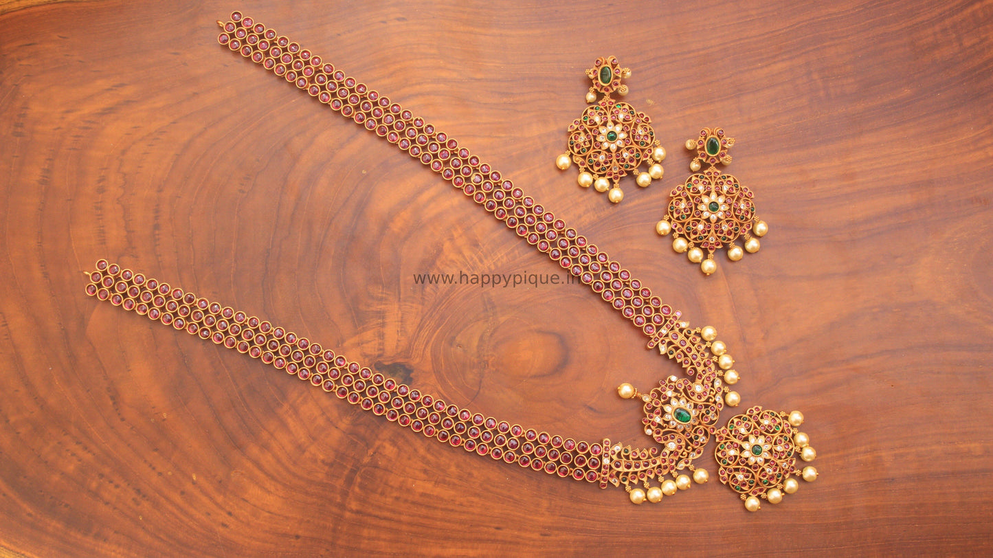 Real Kemp Stones Studded AD Pearls Pendant Designer Bridal Haaram Necklace set- Happy Pique 