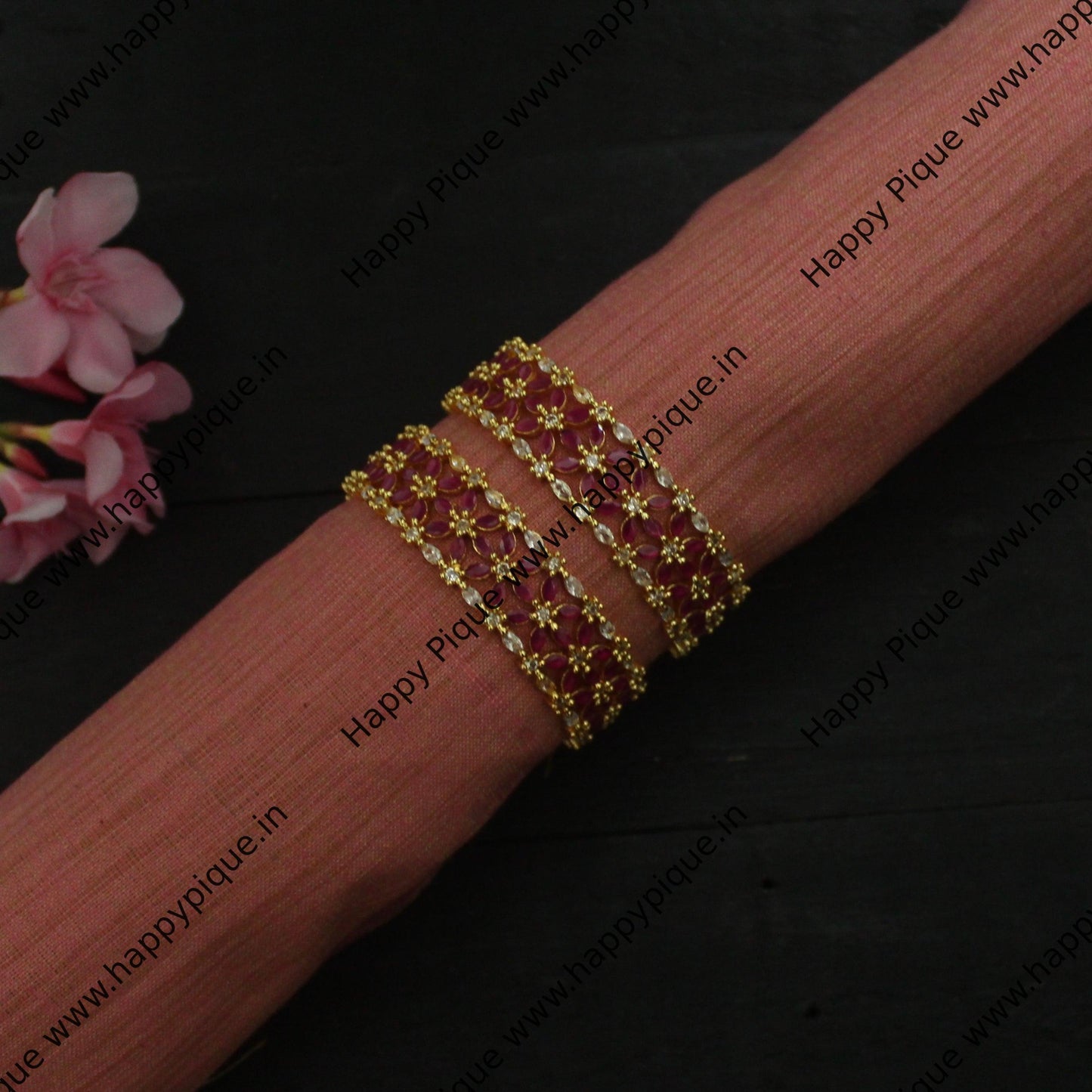 Thick Flower Cubic Zircon & AD Stone Gold Plated Bangles
