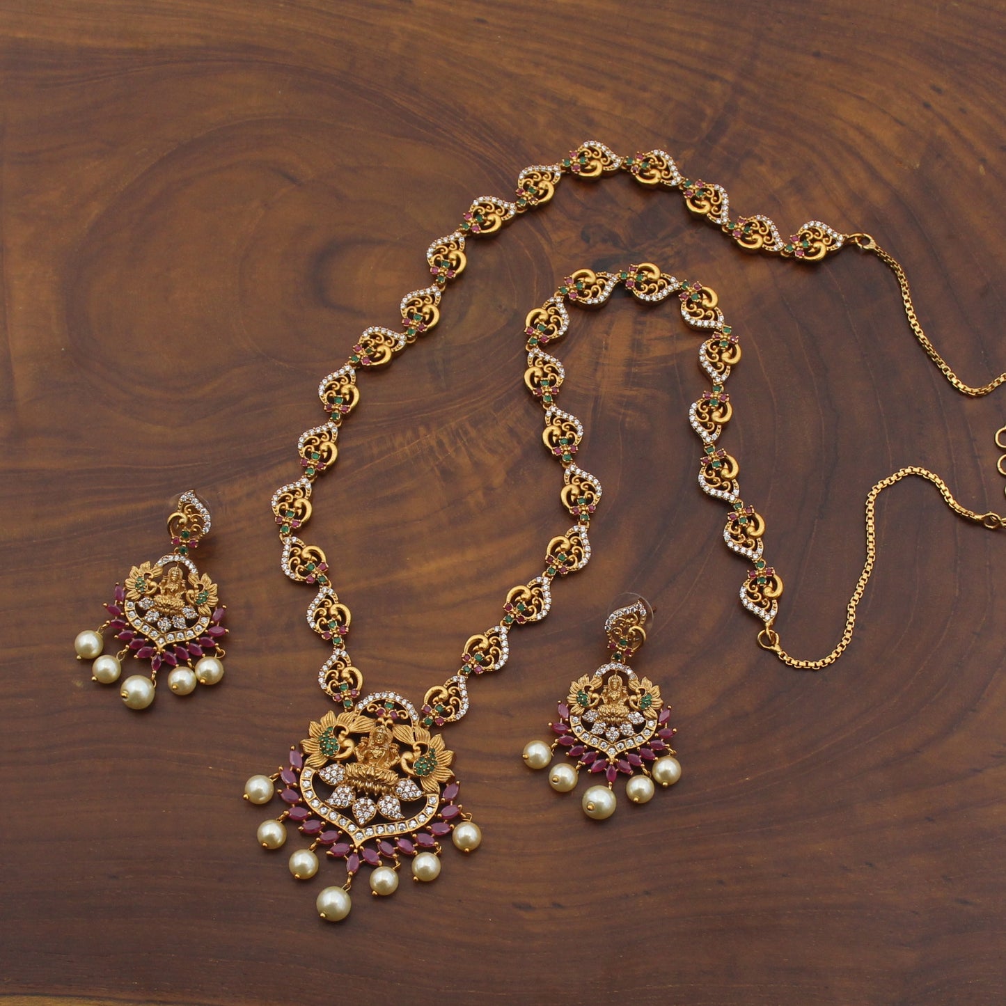 Antique Gold Plated AD & CZ Long Lakshmi Necklace Set