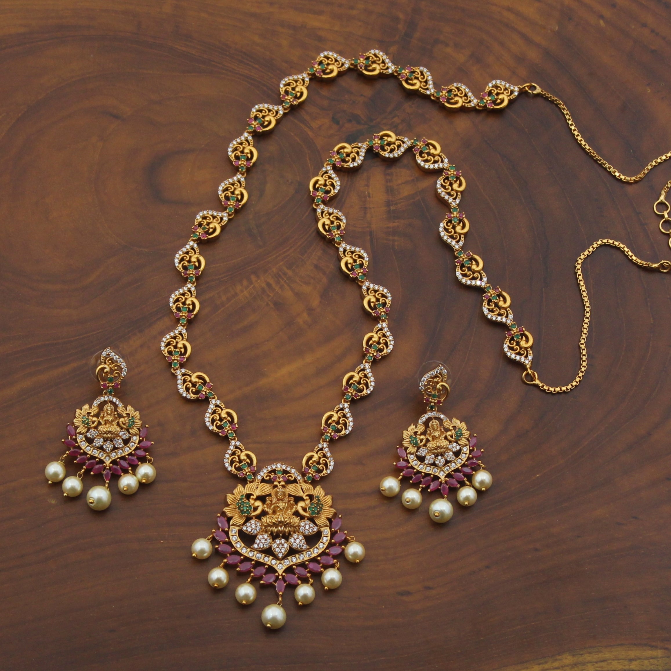 Antique Gold Plated AD & CZ Long Lakshmi Necklace Set