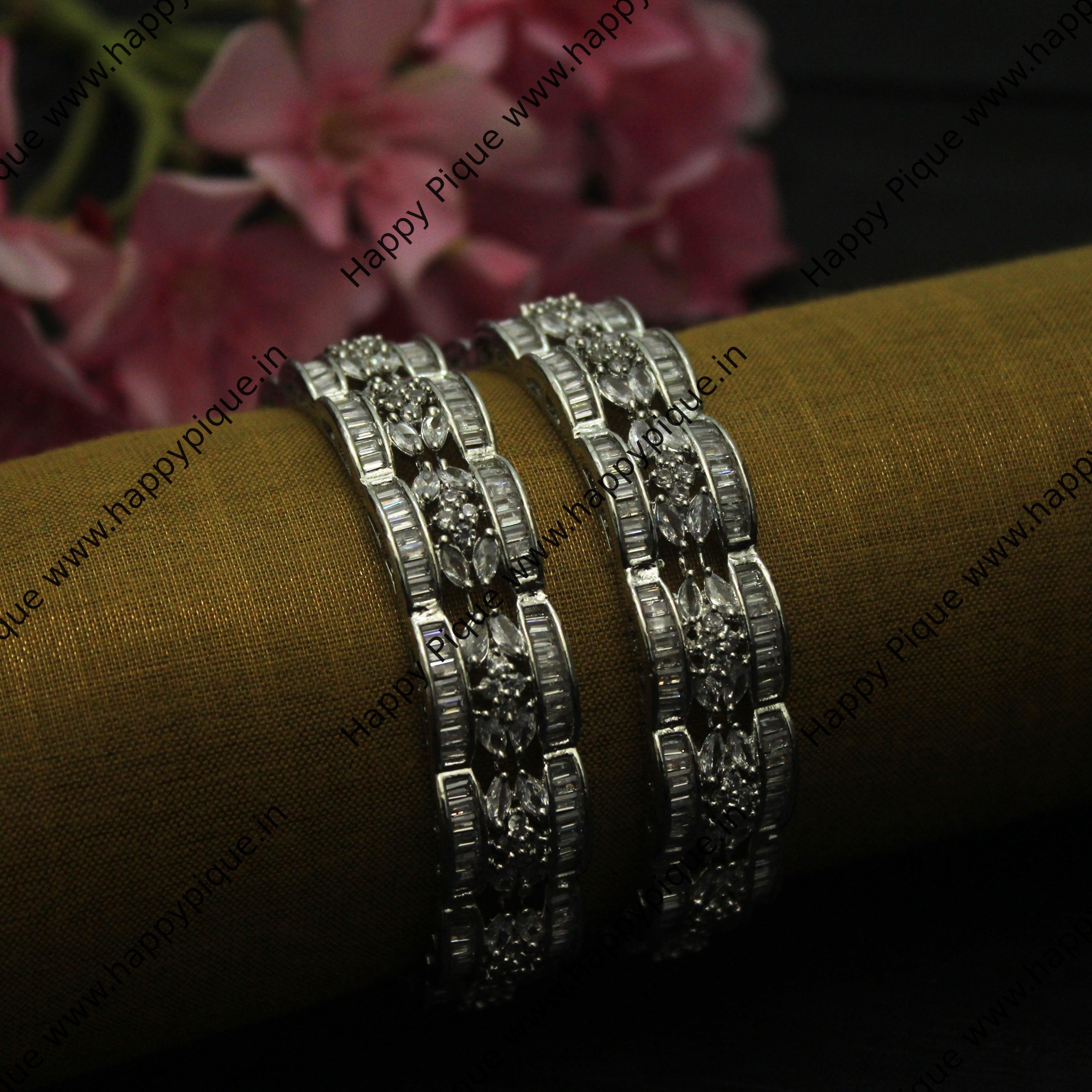 Thick CZ & AD Stones Studded Silver Plated Statement Bangles