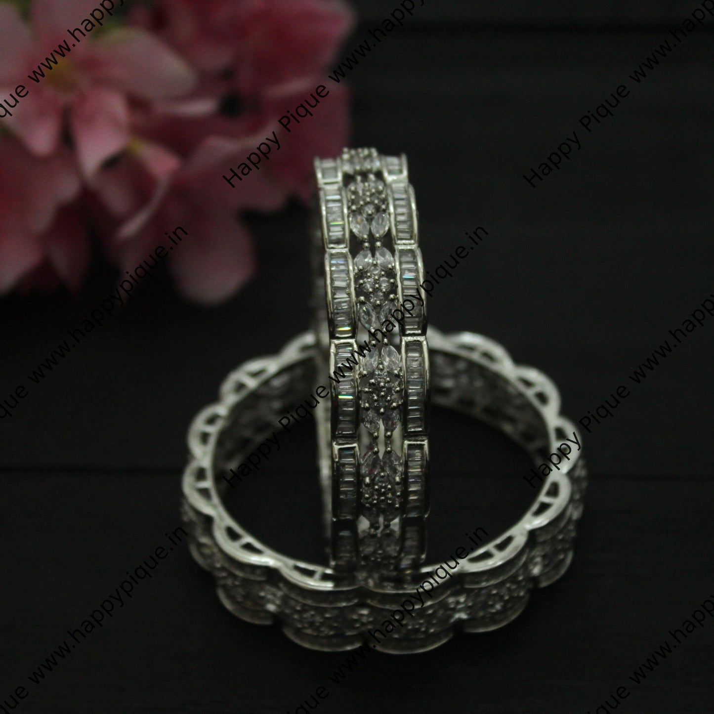 Thick CZ & AD Stones Studded Silver Plated Statement Bangles