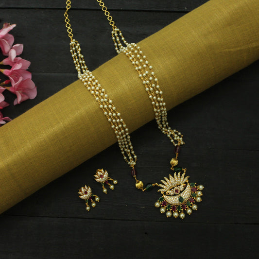 Gold Plated AD Lotus Pendant 4 Line Pearl Mala