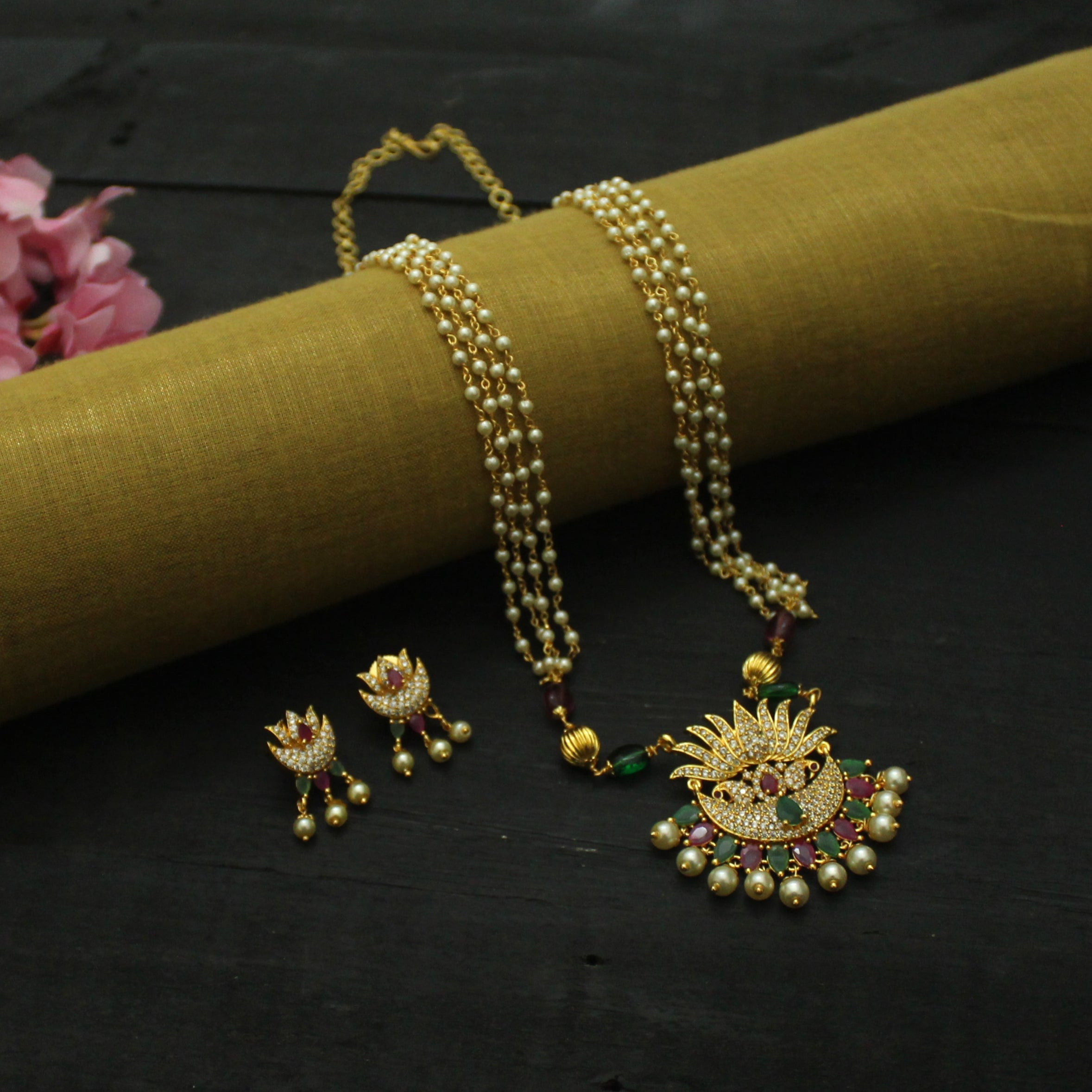 Gold Plated AD Lotus Pendant 4 Line Pearl Mala