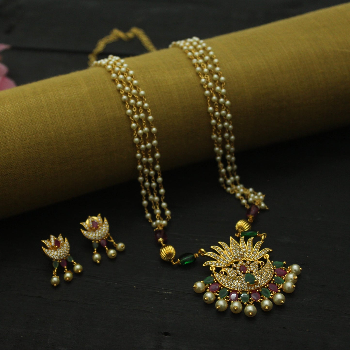 Gold Plated AD Lotus Pendant 4 Line Pearl Mala