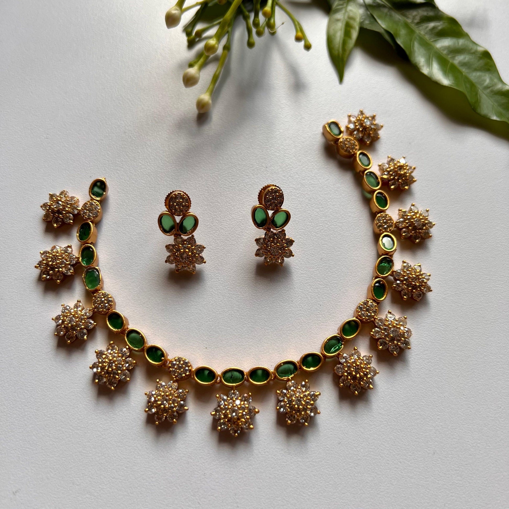 Antique Matte Flower Oval AD Necklace Set - Green - Happy Pique 