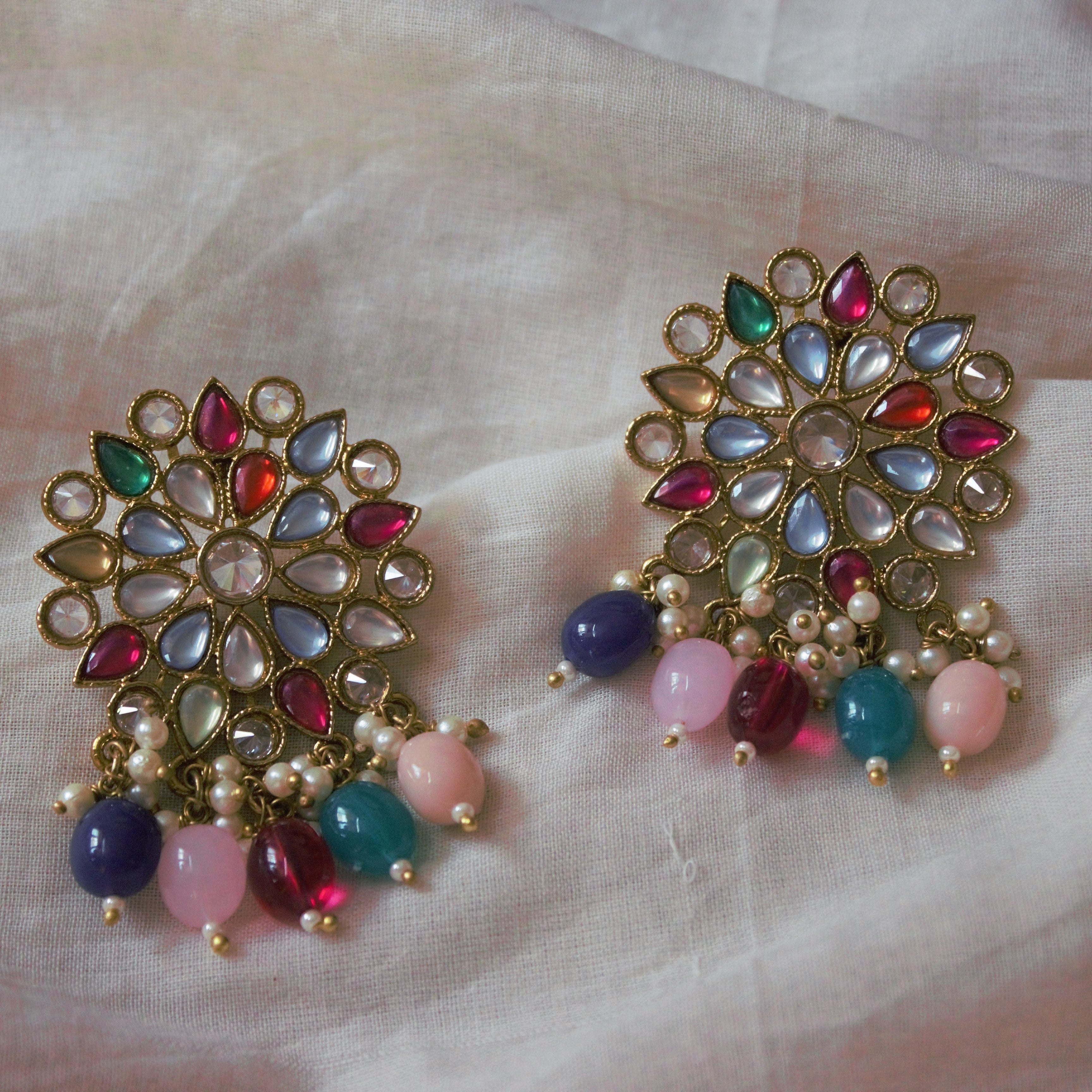 Pearl Drop Flower CZ Studs - Multicolour - HappyPique