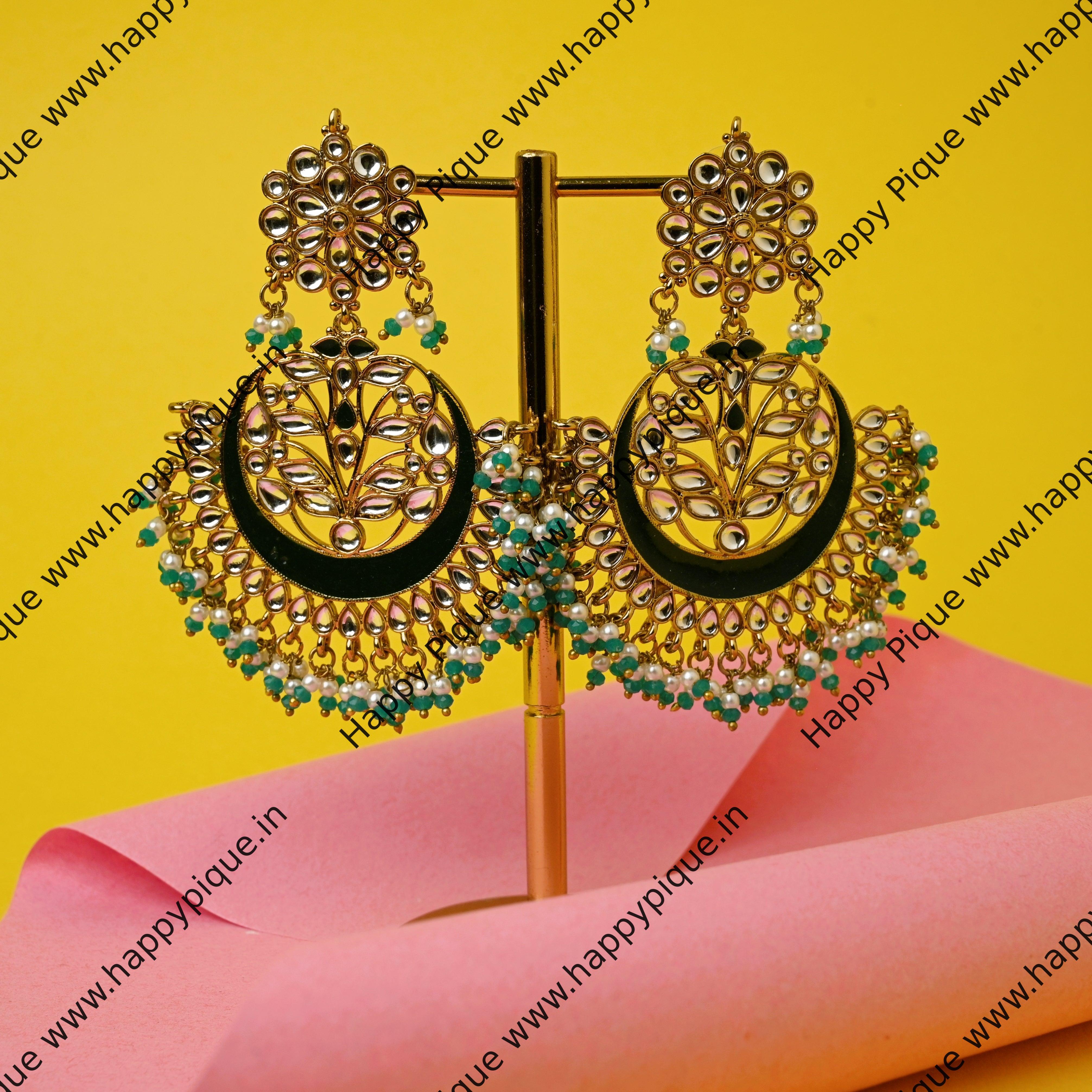 Regal Kundan Mughal Chaand Bridal Meenakari Chaandbalis - Green