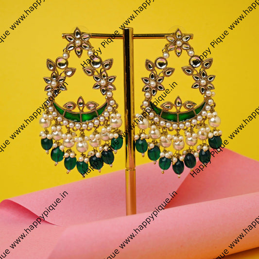 Kundan Pearl Mughal Chaand Bridal Meenakari Chand bali Earrings - Emerald