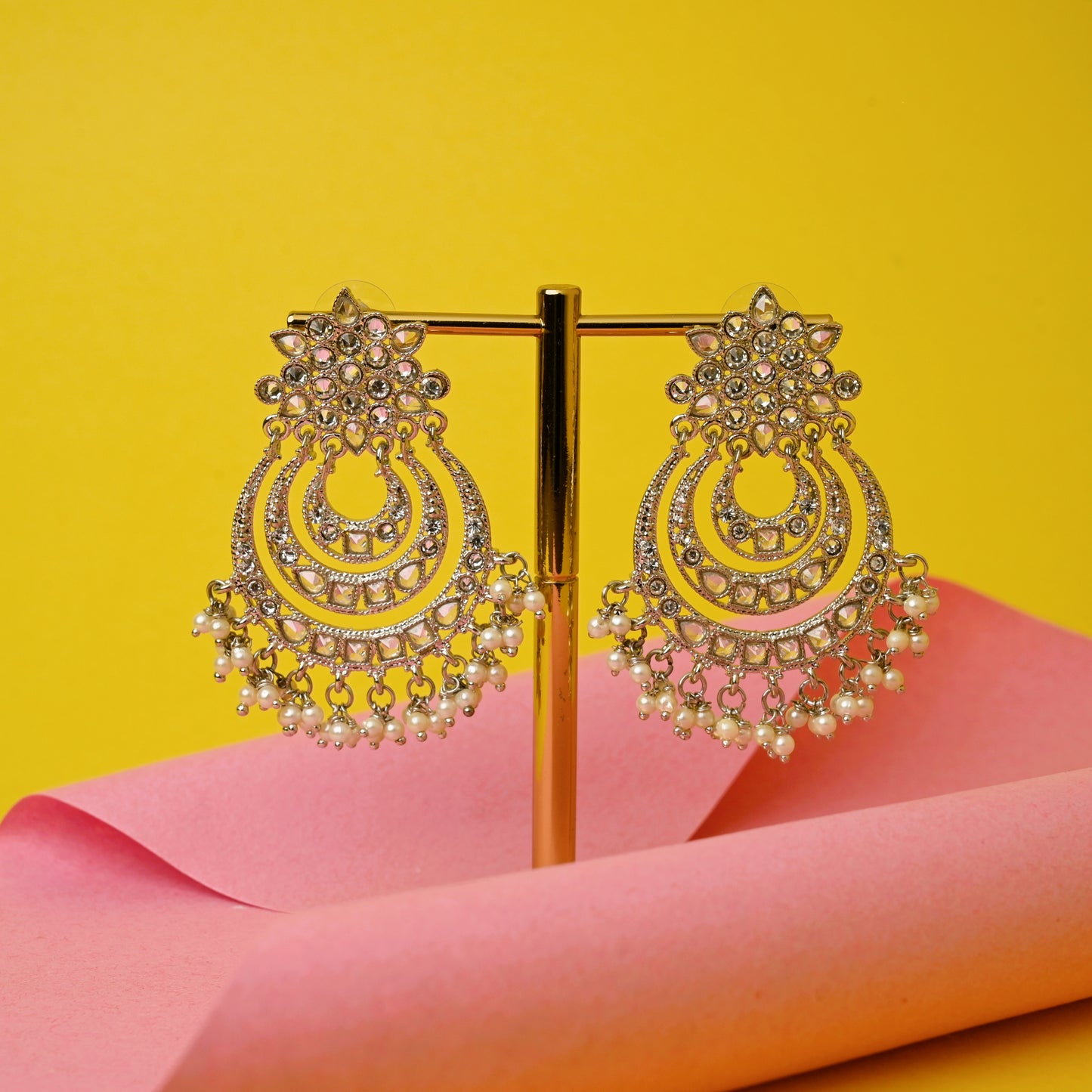 3 Layer Polki Stones Studded Chandbali Earrings - Silver