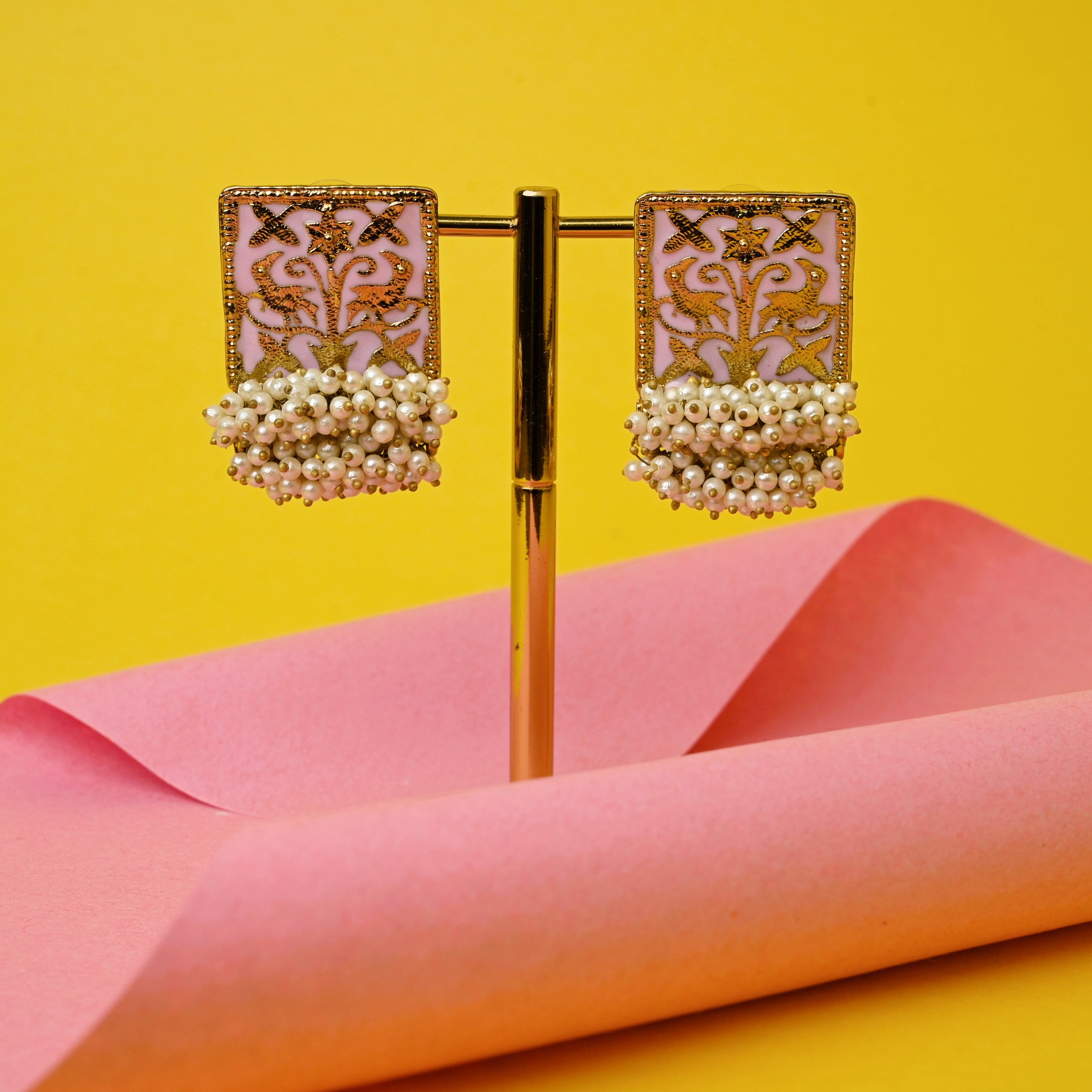 Gold Mughal Pearl Bunch Square Meenakari Studs