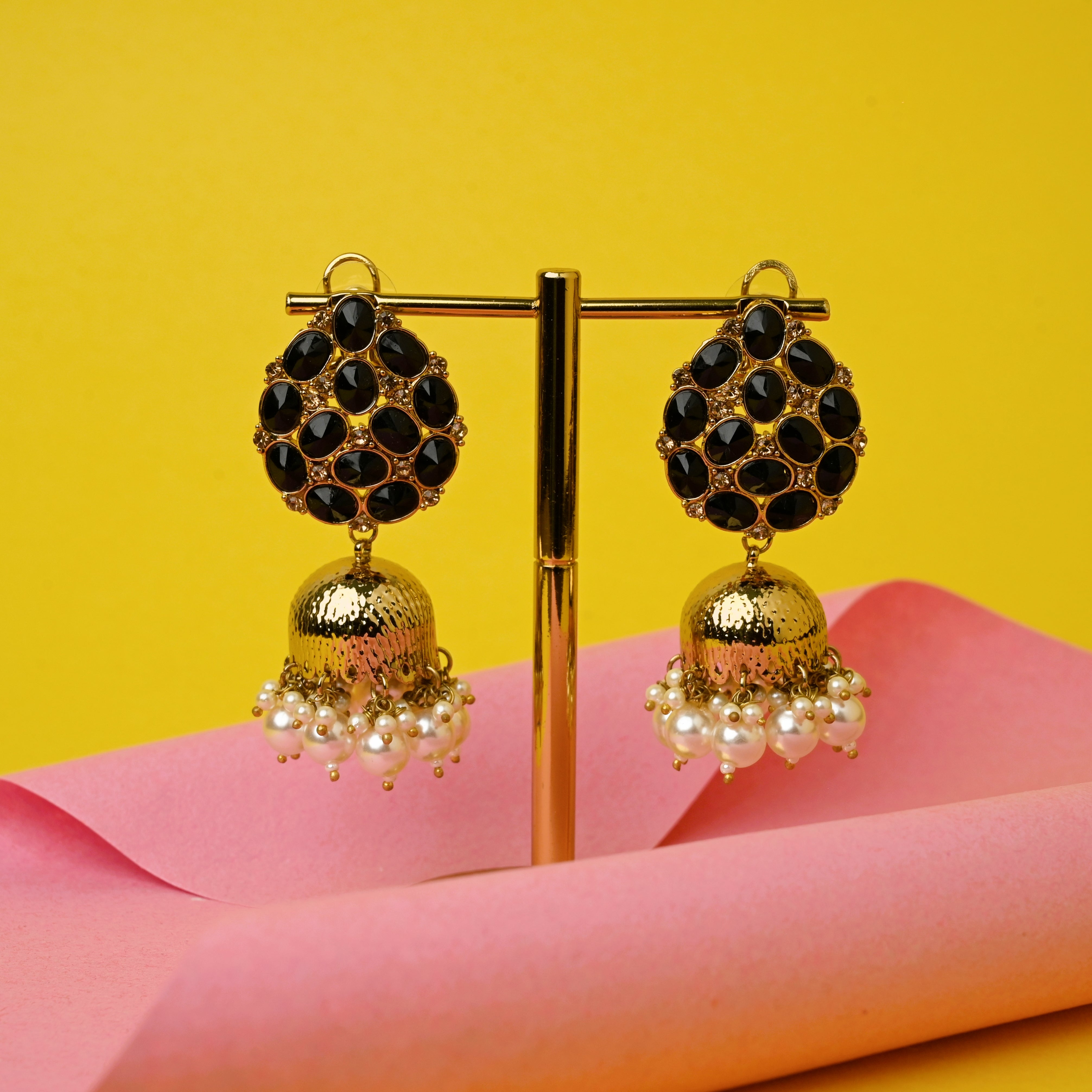 CZ Tilak Top Festive Jhumkas - Black