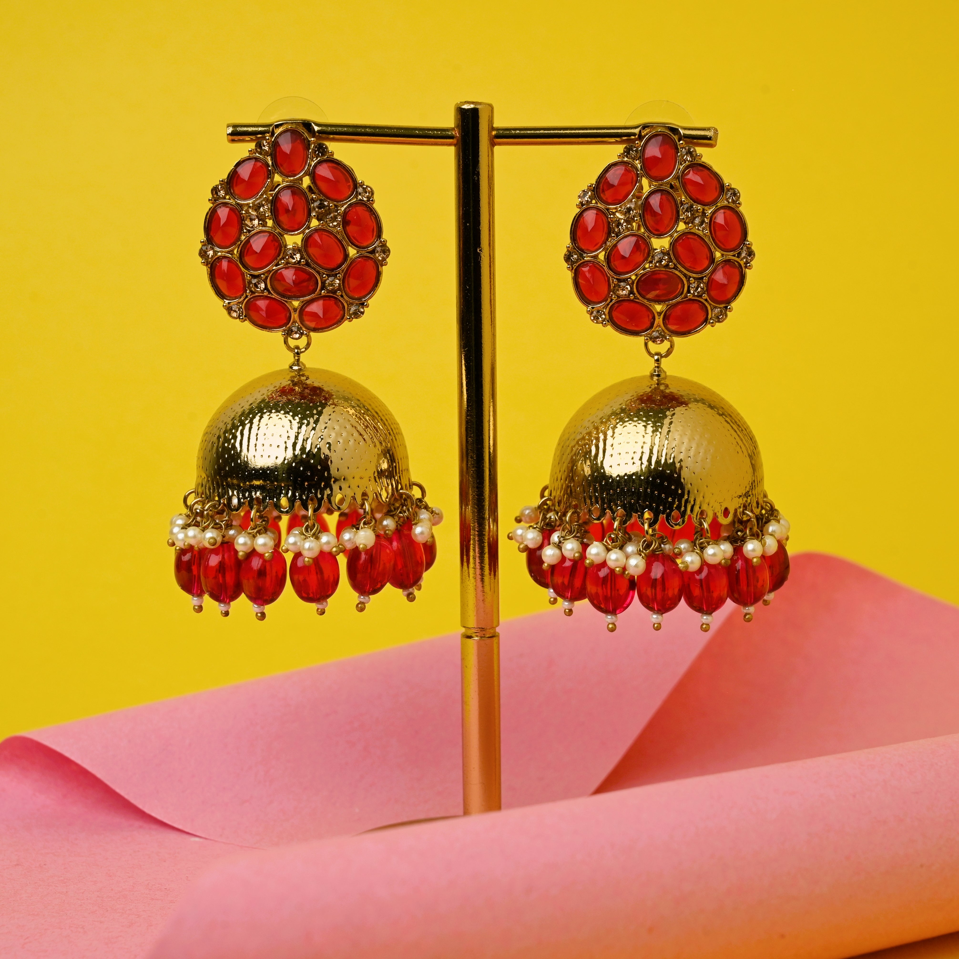 Polki Tilak Top Festive Bridal Jhumkas - Red