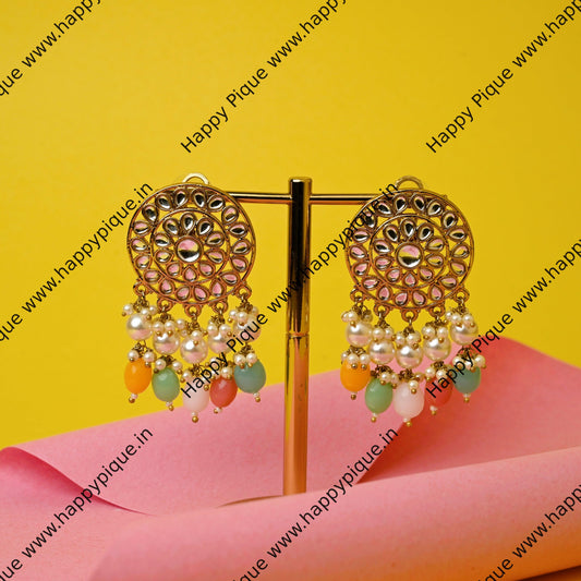 Kundan Flower Pearl Bunch Drop Statement Earrings - Multicolour