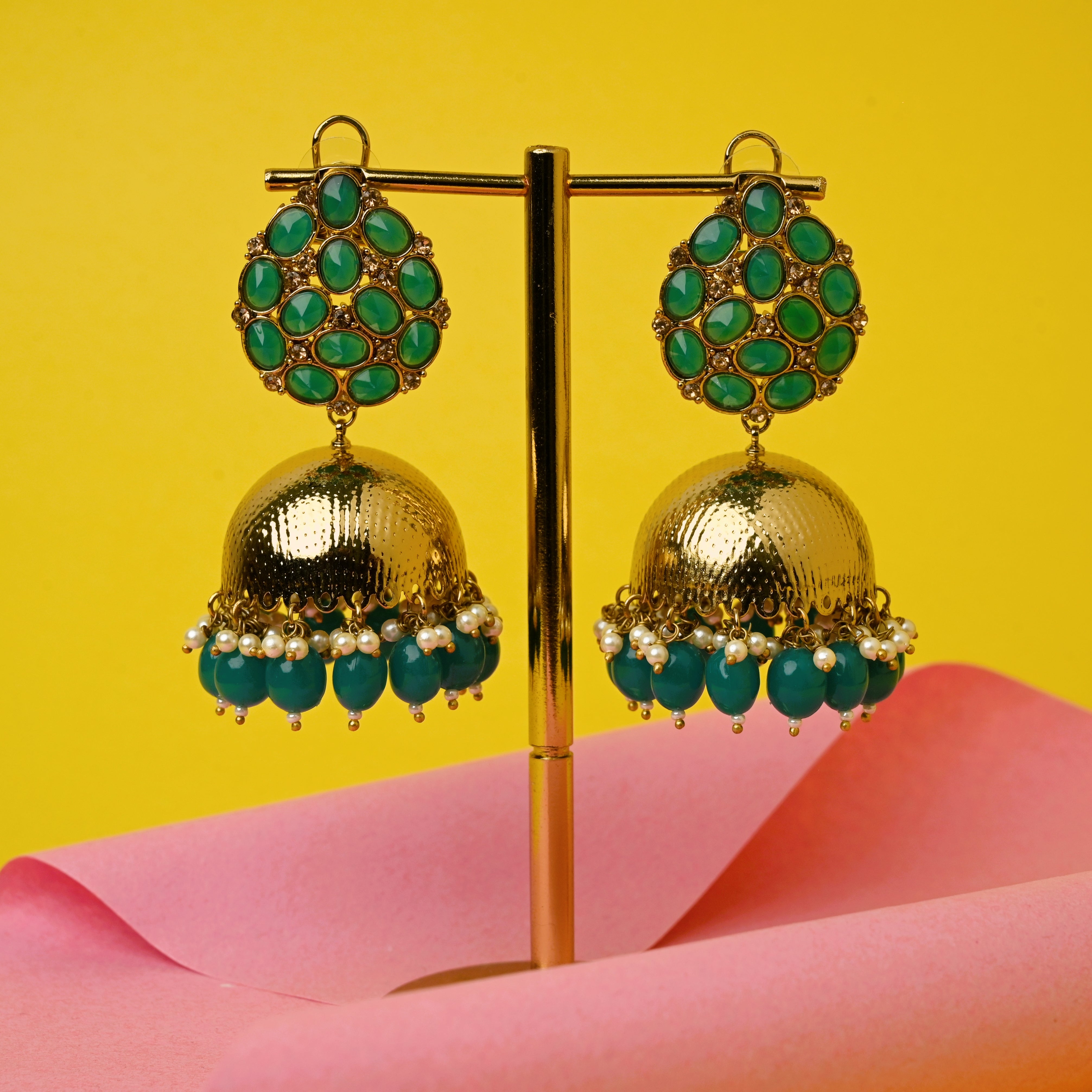 Polki Tilak Top Festive Bridal Jhumkas - Green