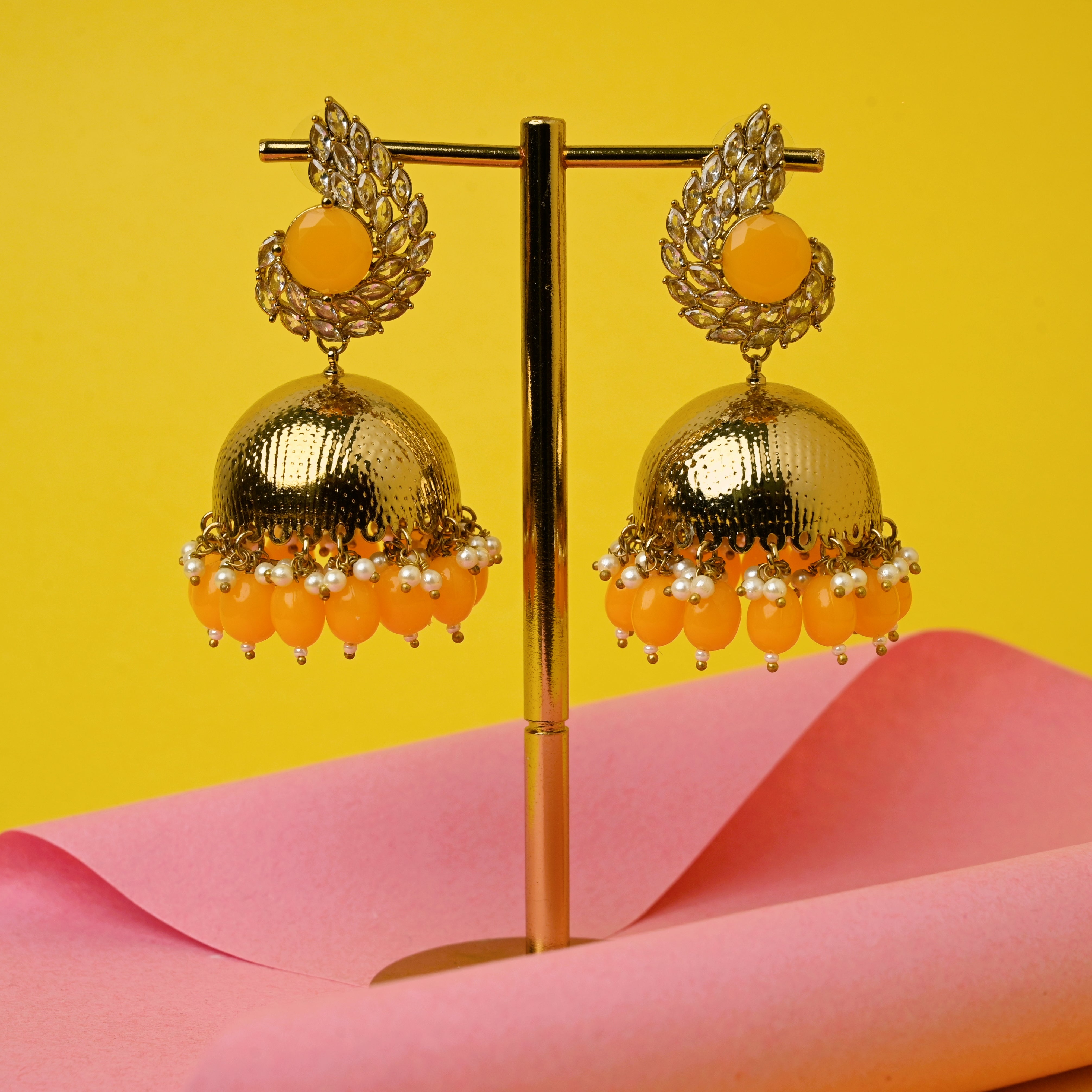 Mango Yellow Beads Polki Stud Jhumkas