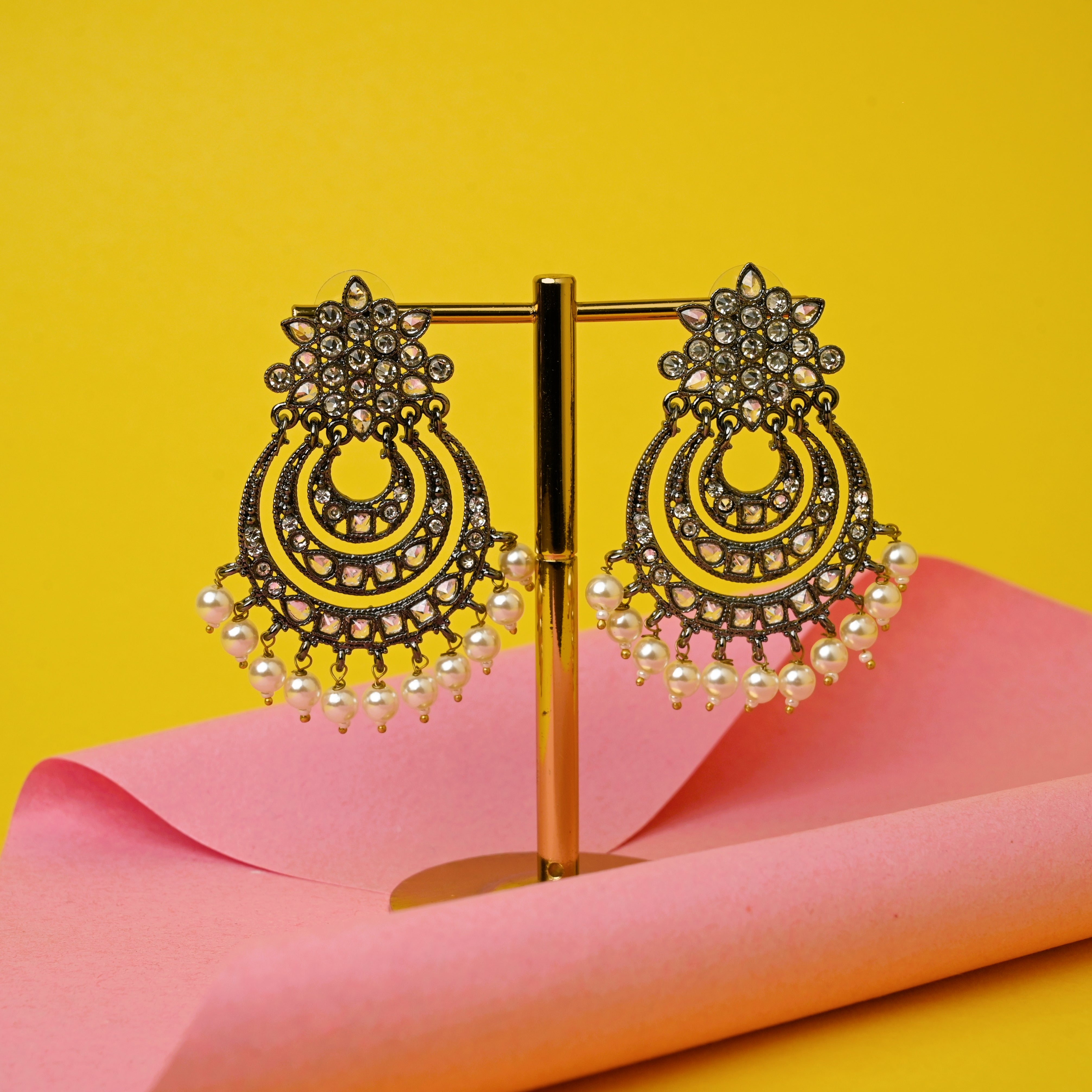 3 Layer Polki Stones Studded Chand bali Earrings - Gunmetal