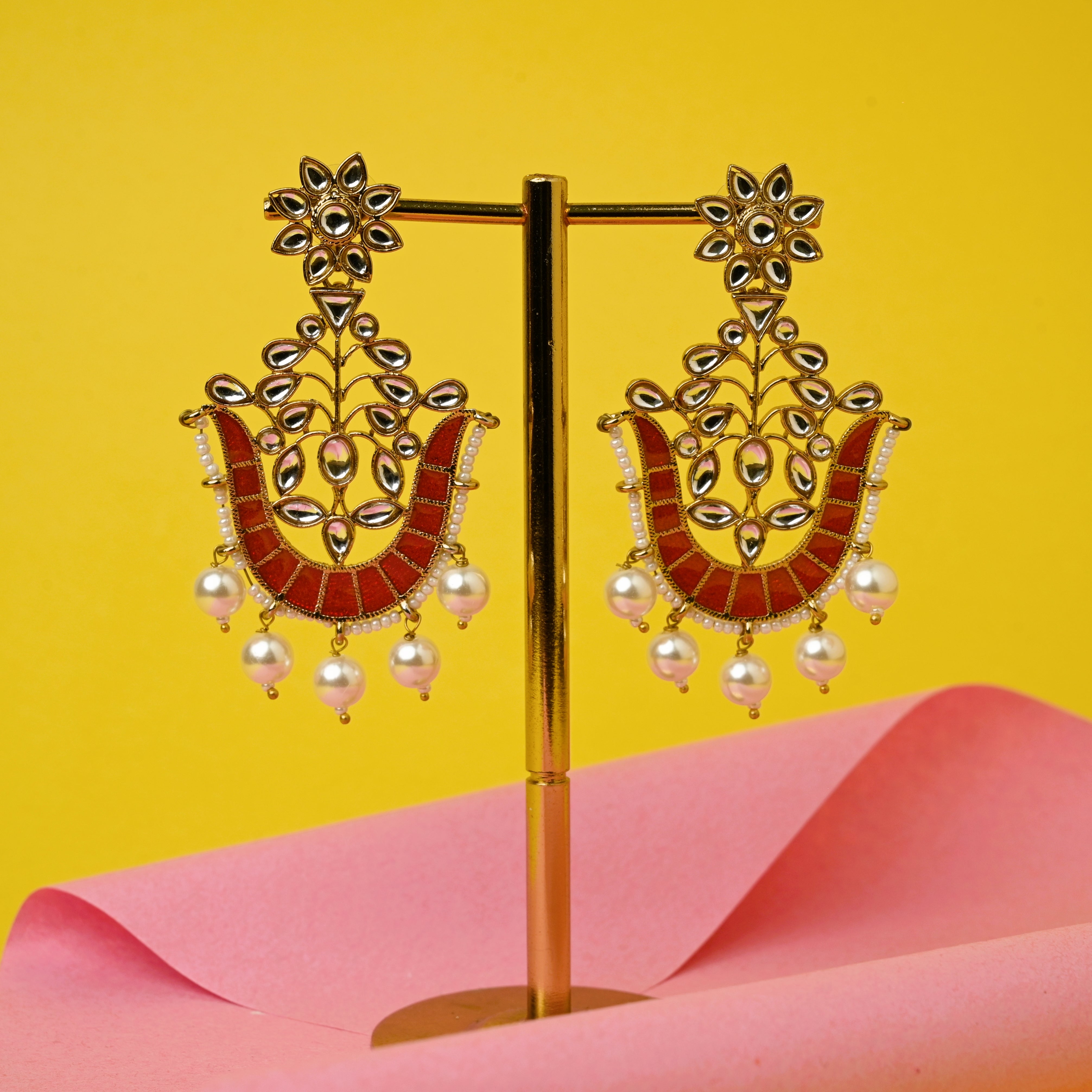 Mughalai Kundan U Shaped Meenakari Earrings - Red