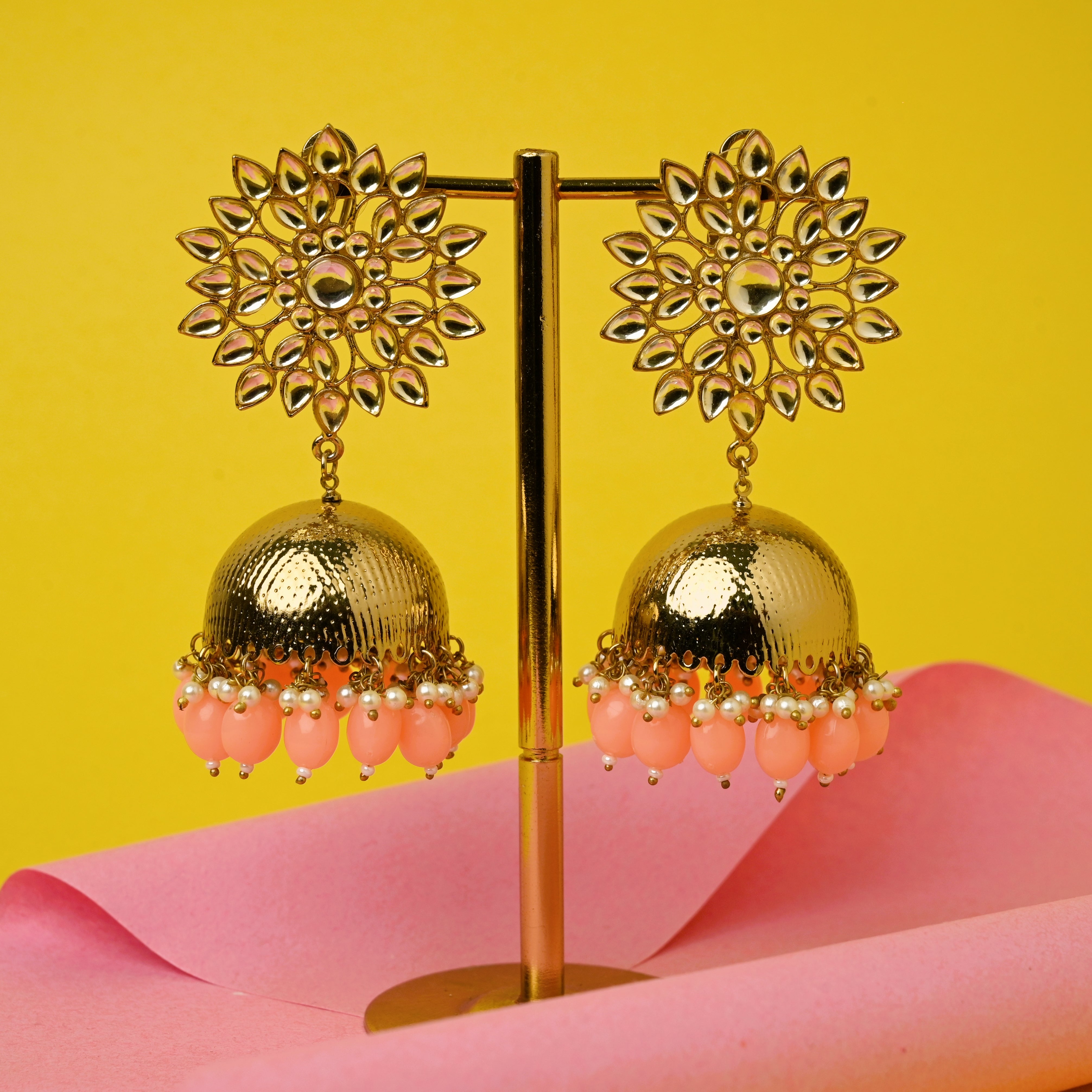 Festive Flower Long Polki Jhumkas - Peach