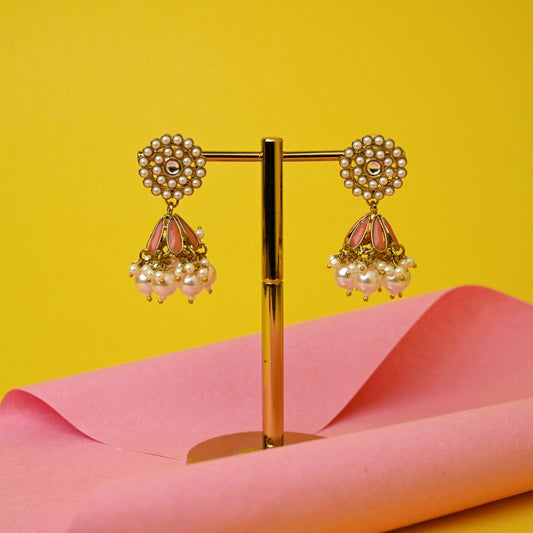 Pearl Top Cone Jhumkas - Peach