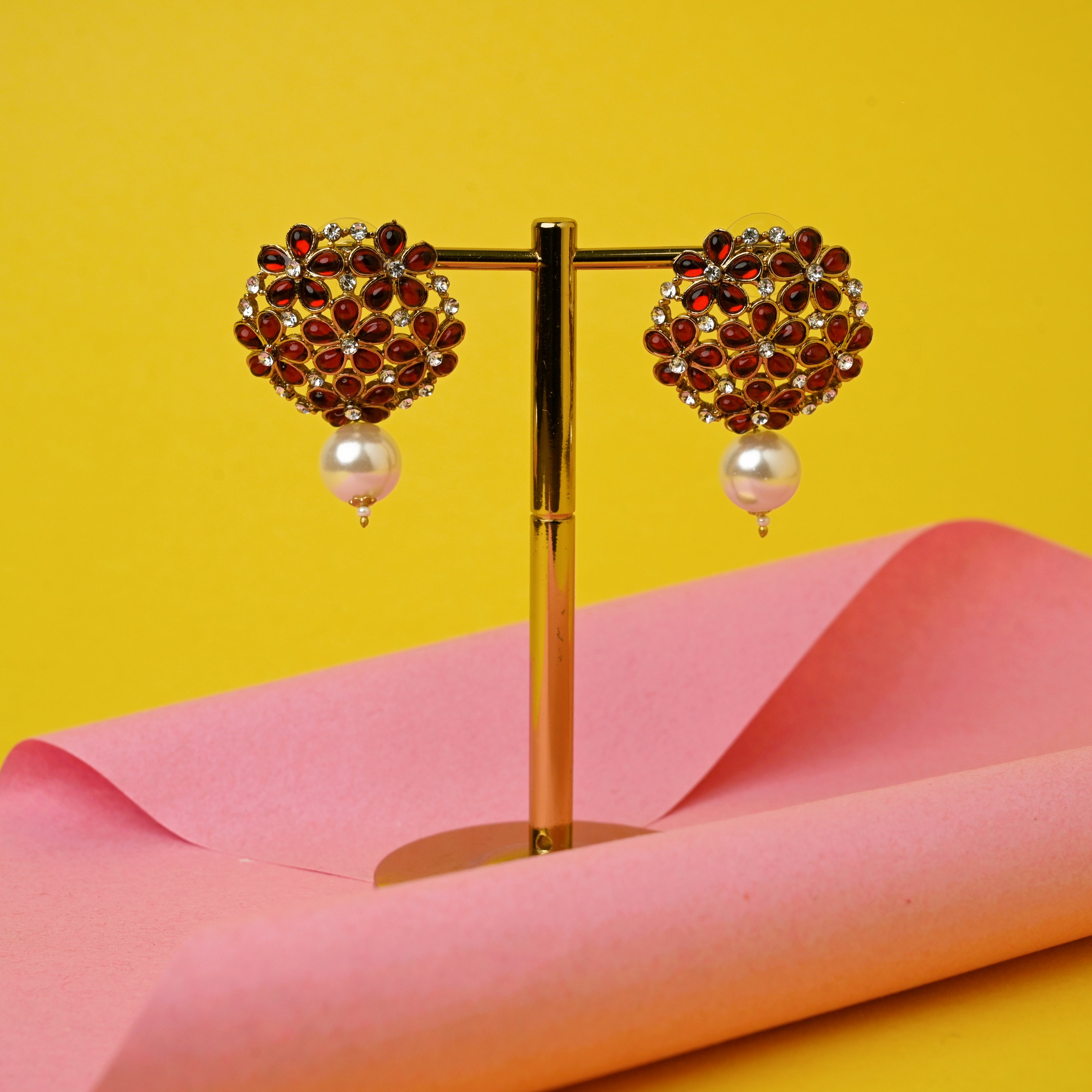 Cute Flower Pearl Drop CZ & Kemp Studs - Maroon