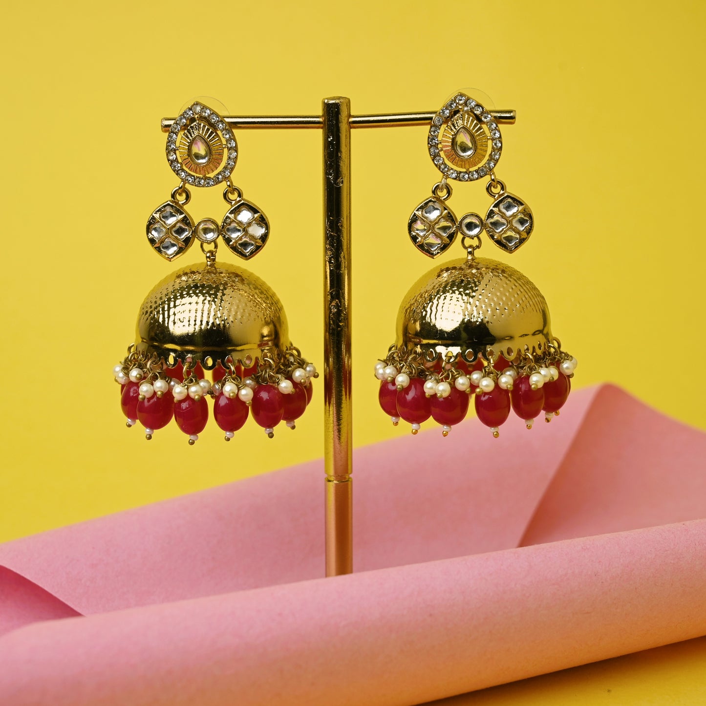 Designer Tilak Bow Kundan Bollywood Festive Jhumkas - Red