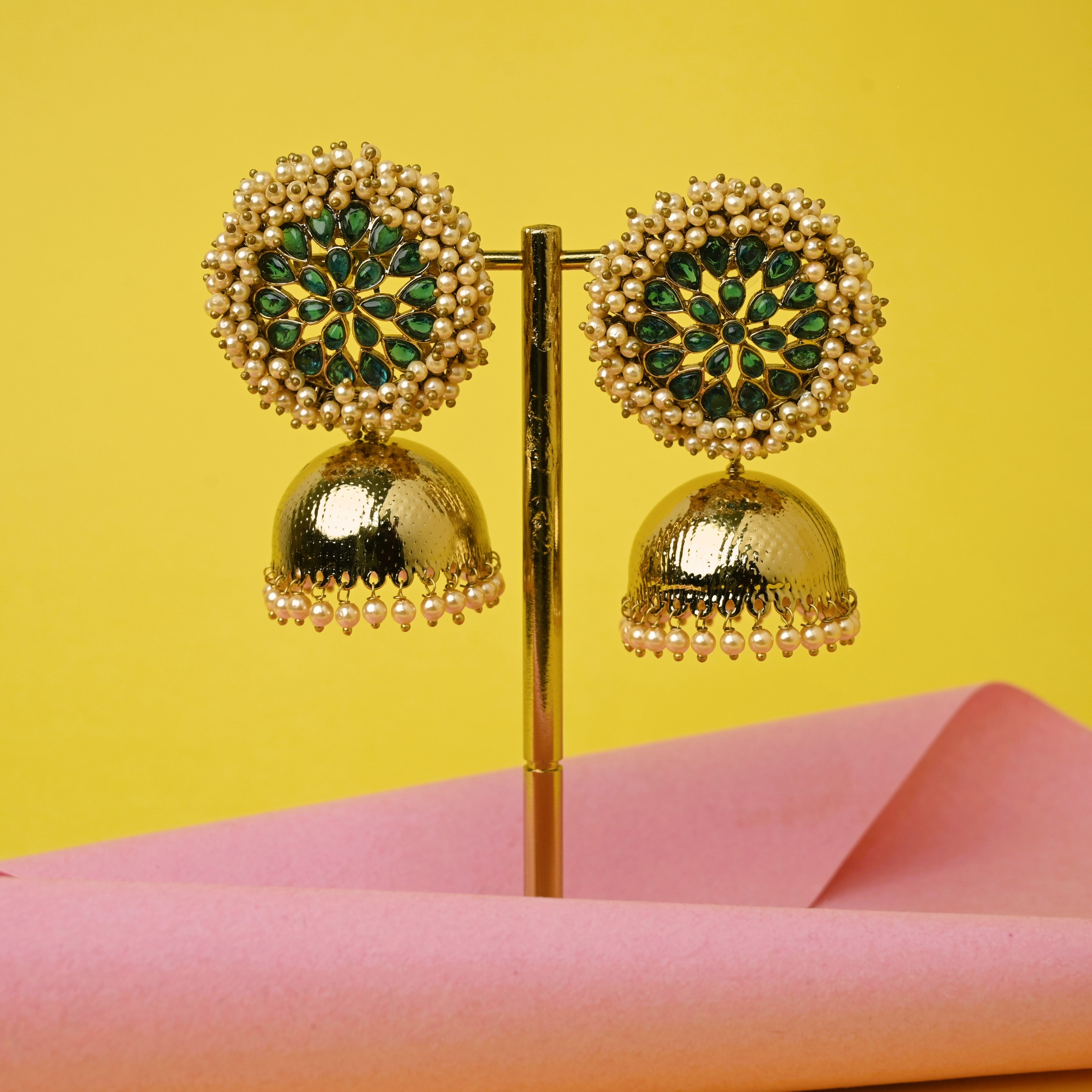 Big Kemp Stones Studded Pearl Cluster Jhumkas Green Happy Pique