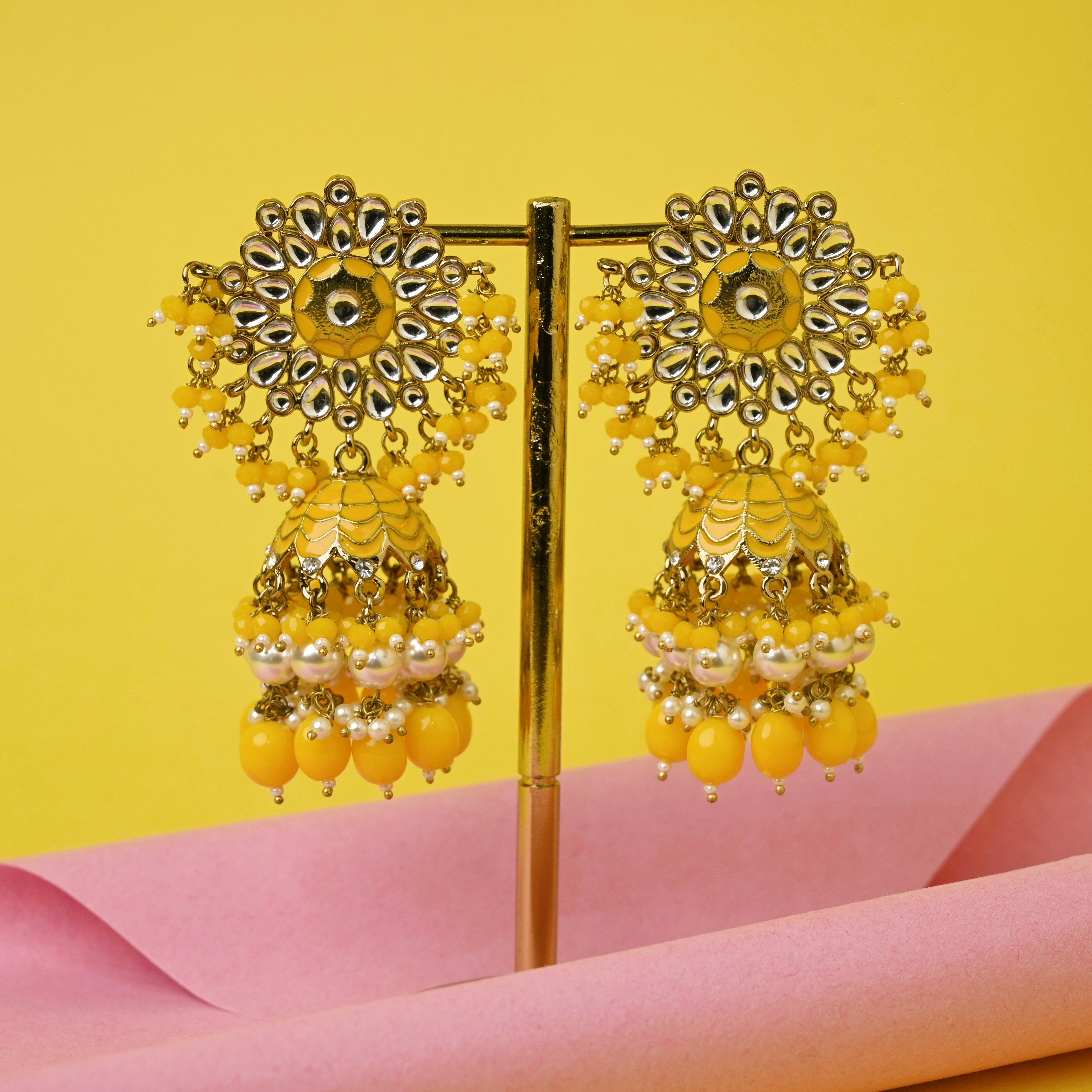 Kundan flower meenakari Pearl jhumkas - Yellow