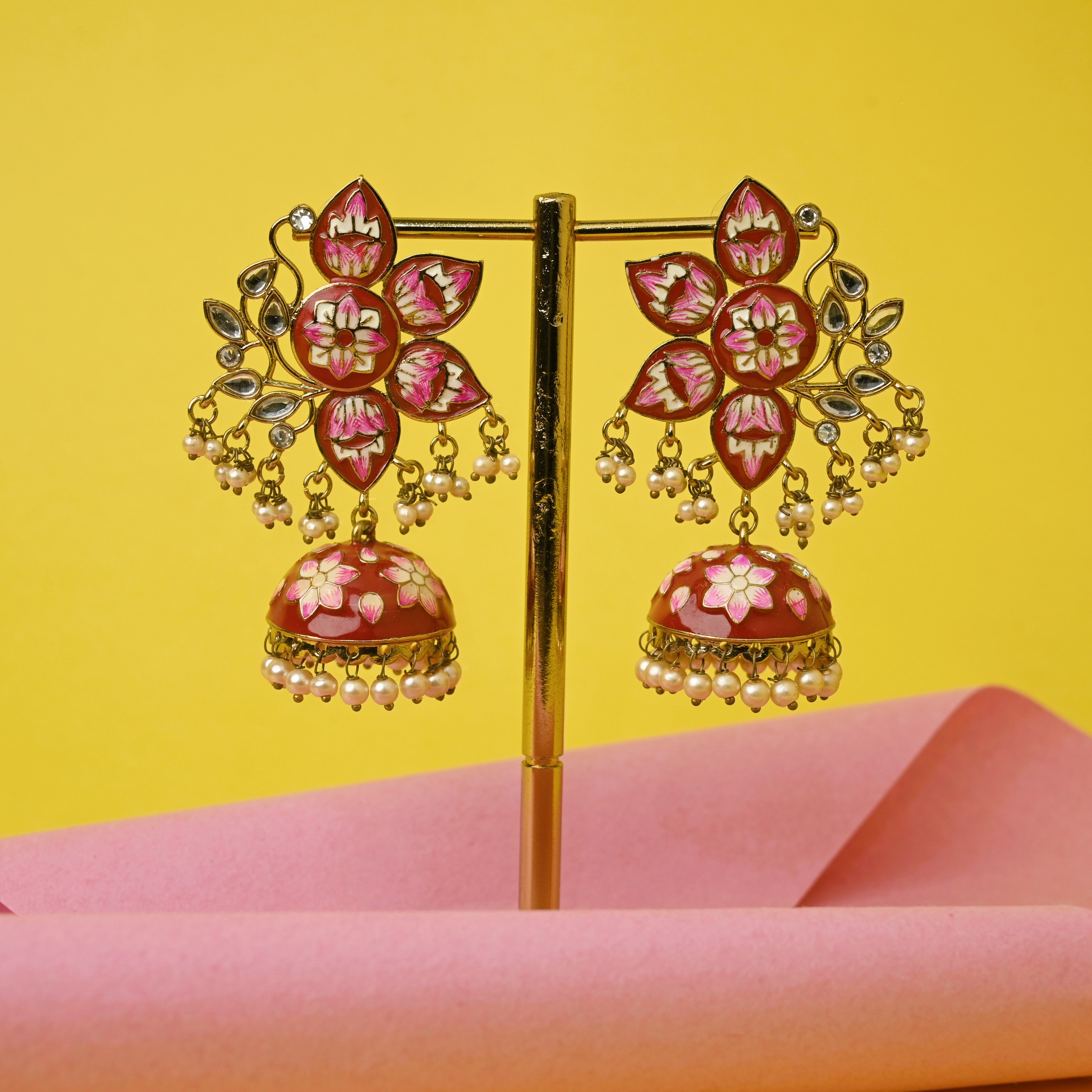 Designer Kundan Moon Flower Hand Painted Meenakari Jhumkas - Red