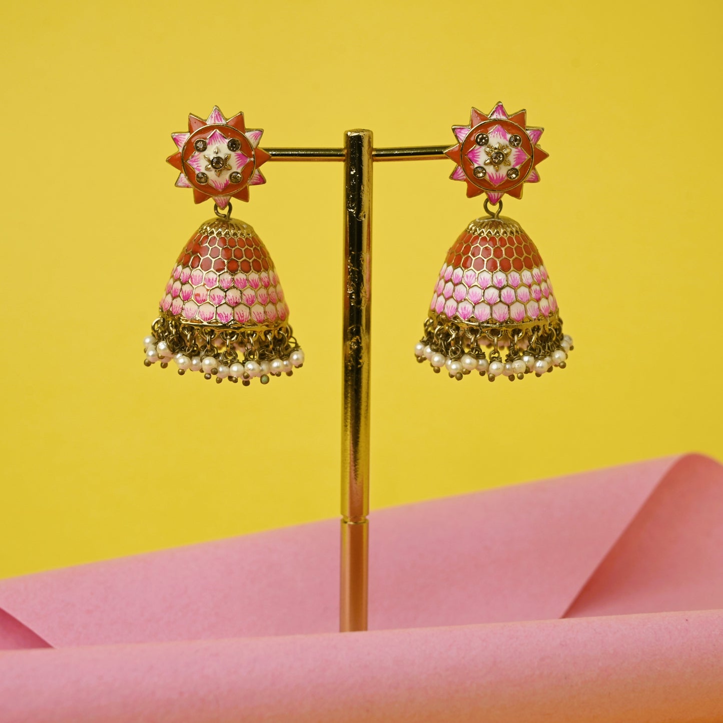 Honey Comb Meenakari Bollywood Festive Jhumkas - Red & Rose