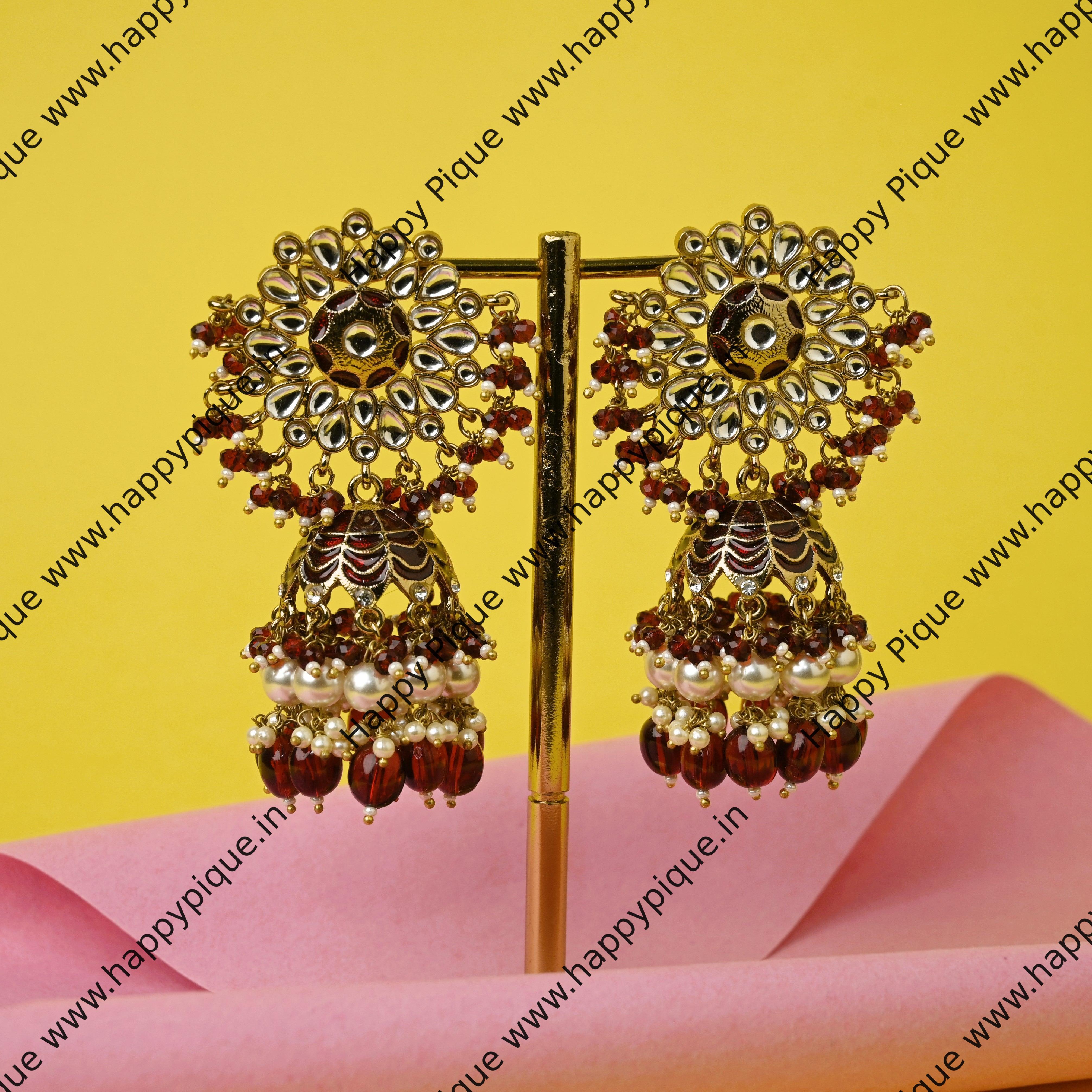 Meenakari Kundan Pearl Jhumkas - Maroon