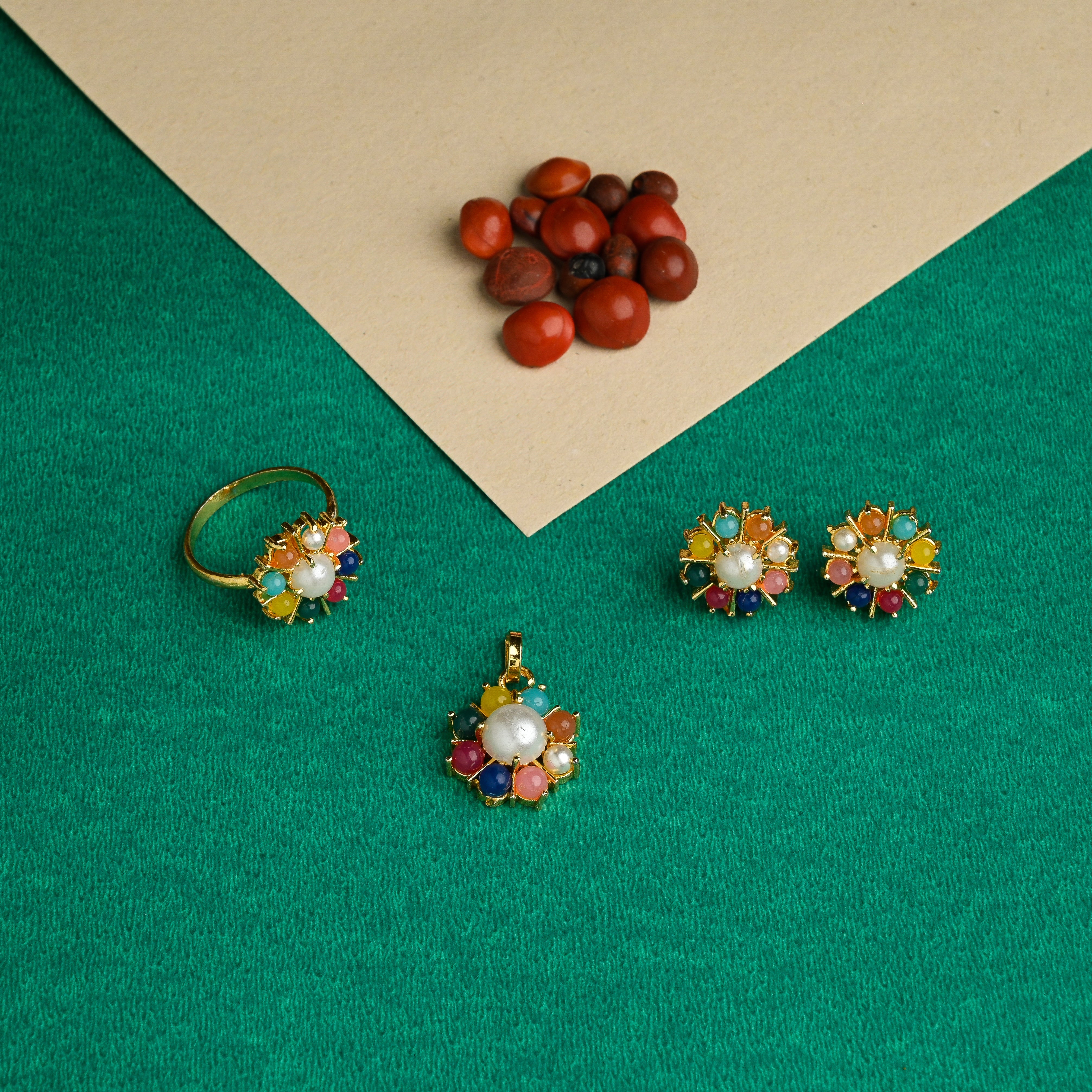 Gold Polish Pearl Navaratna Pendant Set