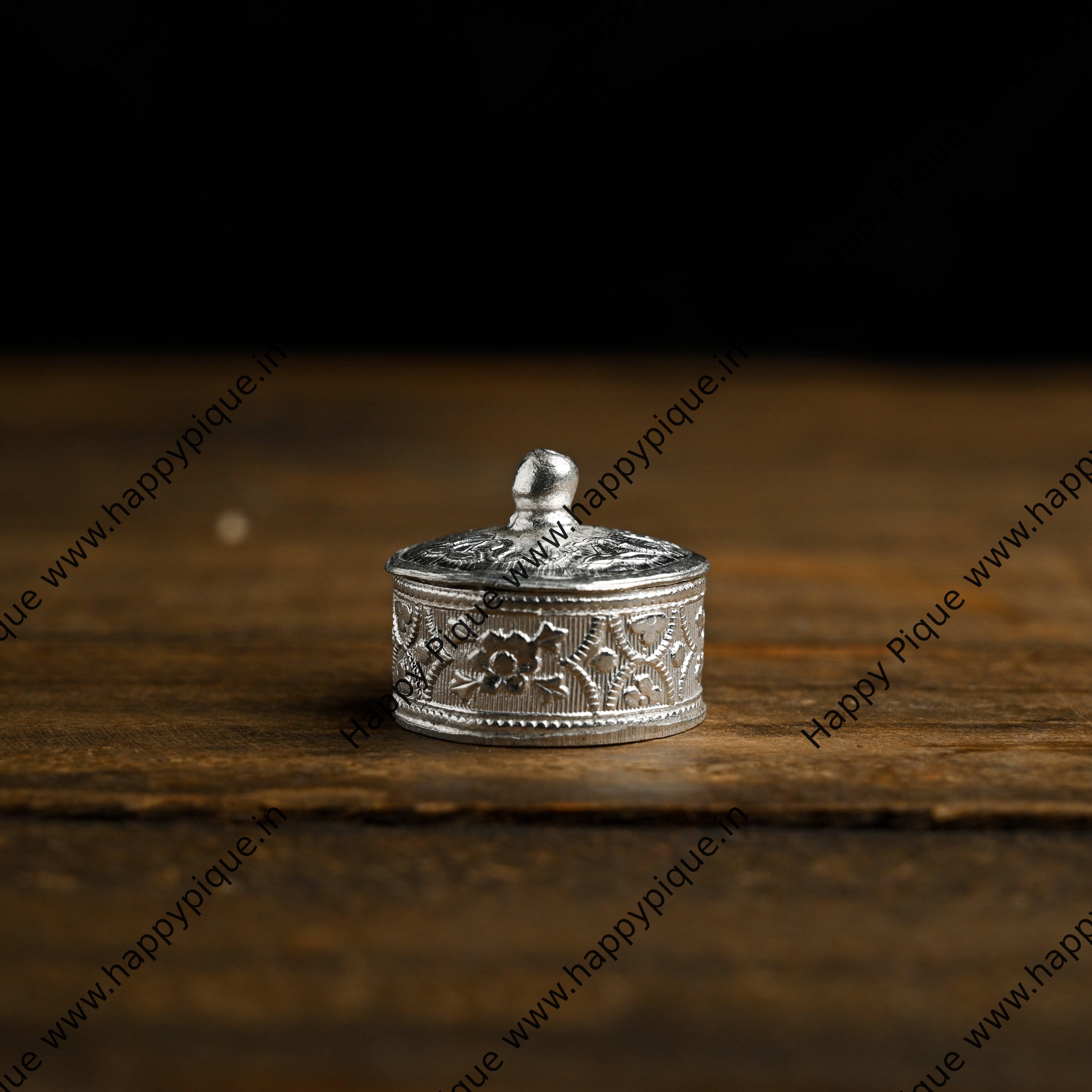 Round Shaped Pure German Silver Haldi Kumkum Karanda