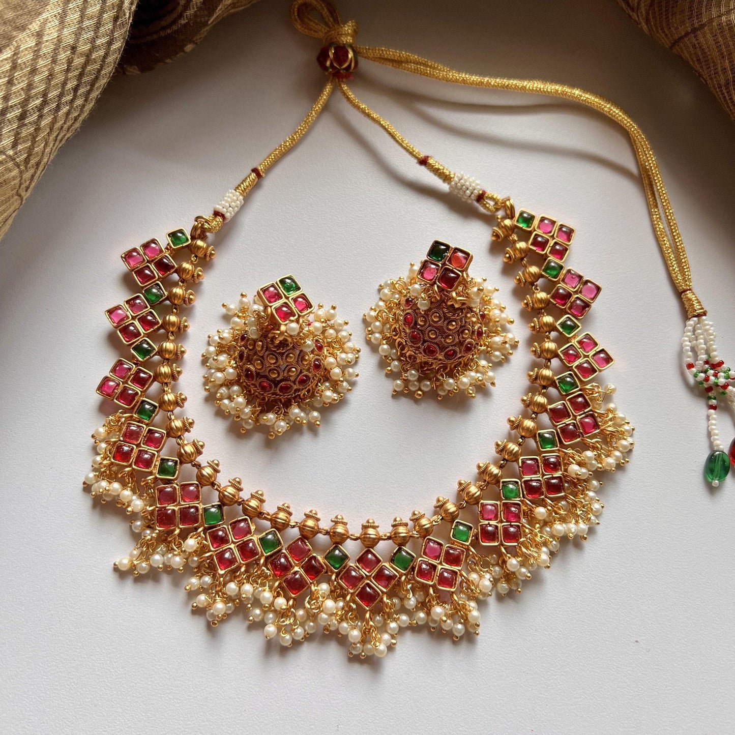 Antique Gold Squares Kemp Necklace Set - Red & Green - Happy Pique 