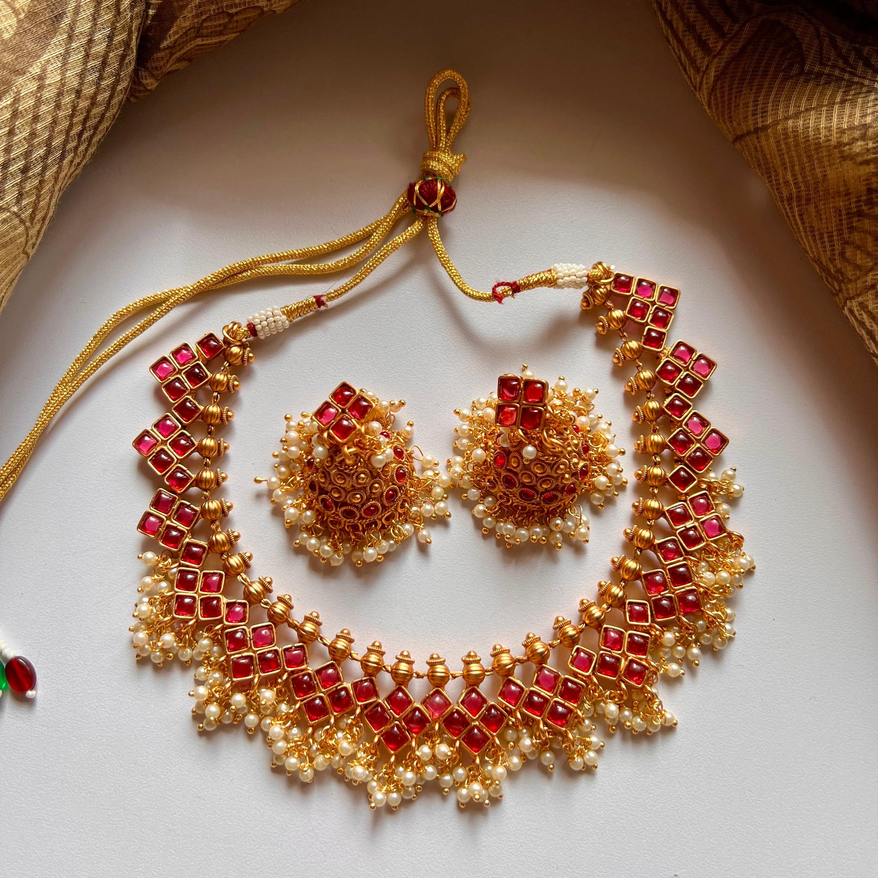 Antique Gold Squares Kemp Necklace Set- Red - Happy Pique 