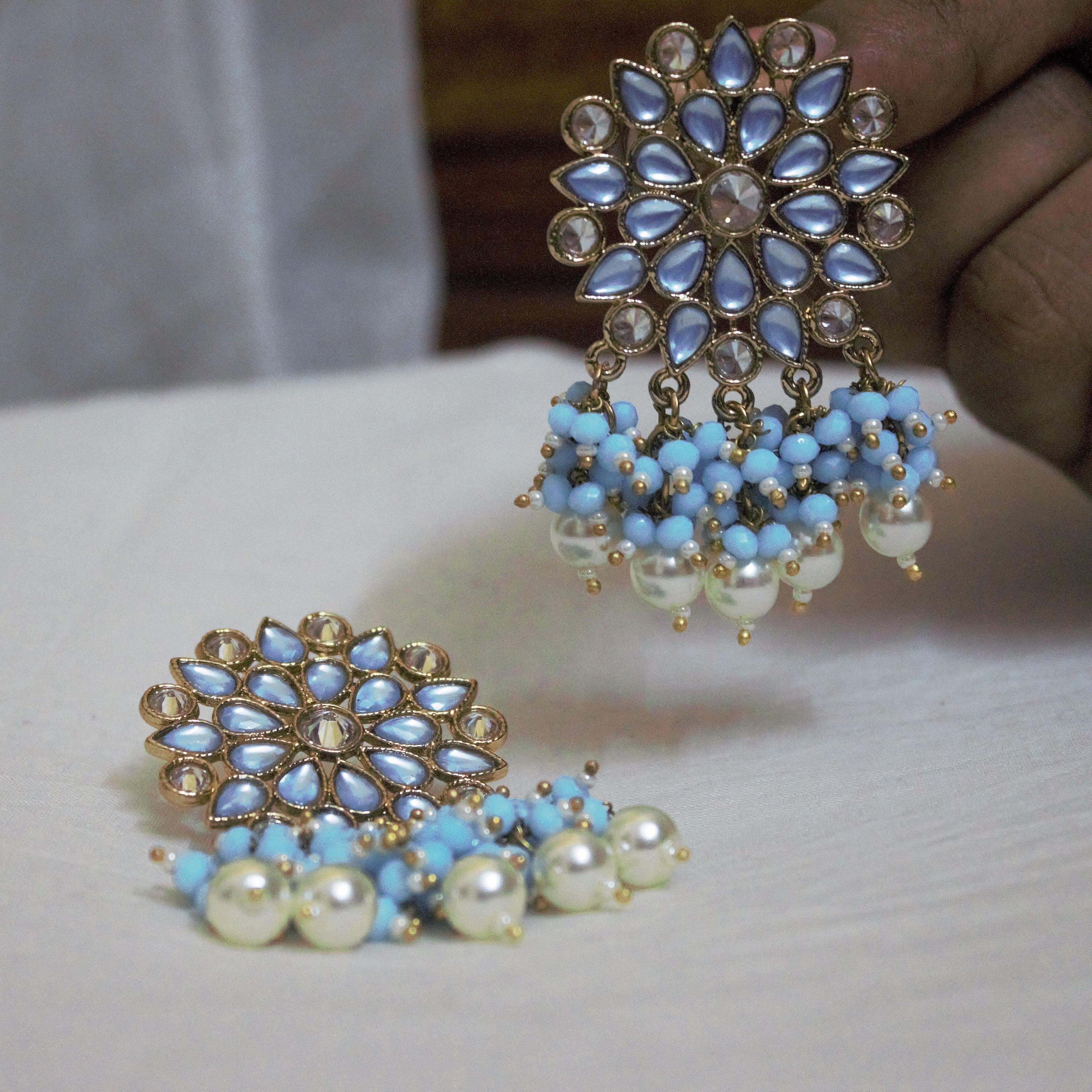 Flower Pearl Bunch Drop Statement Earrings - Pastel Blue - Happy Pique 