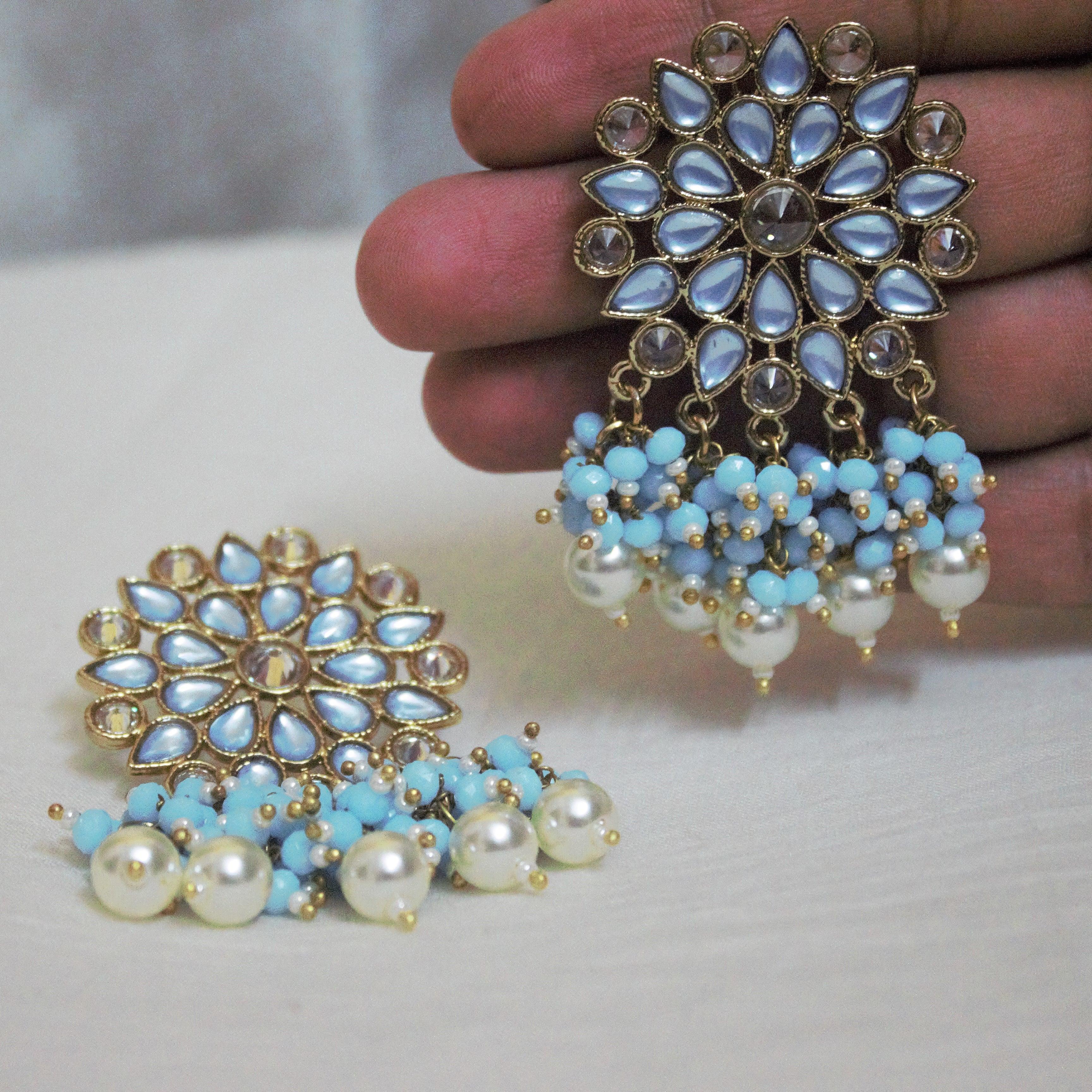 Flower Pearl Bunch Drop Statement Earrings - Pastel Blue - Happy Pique 