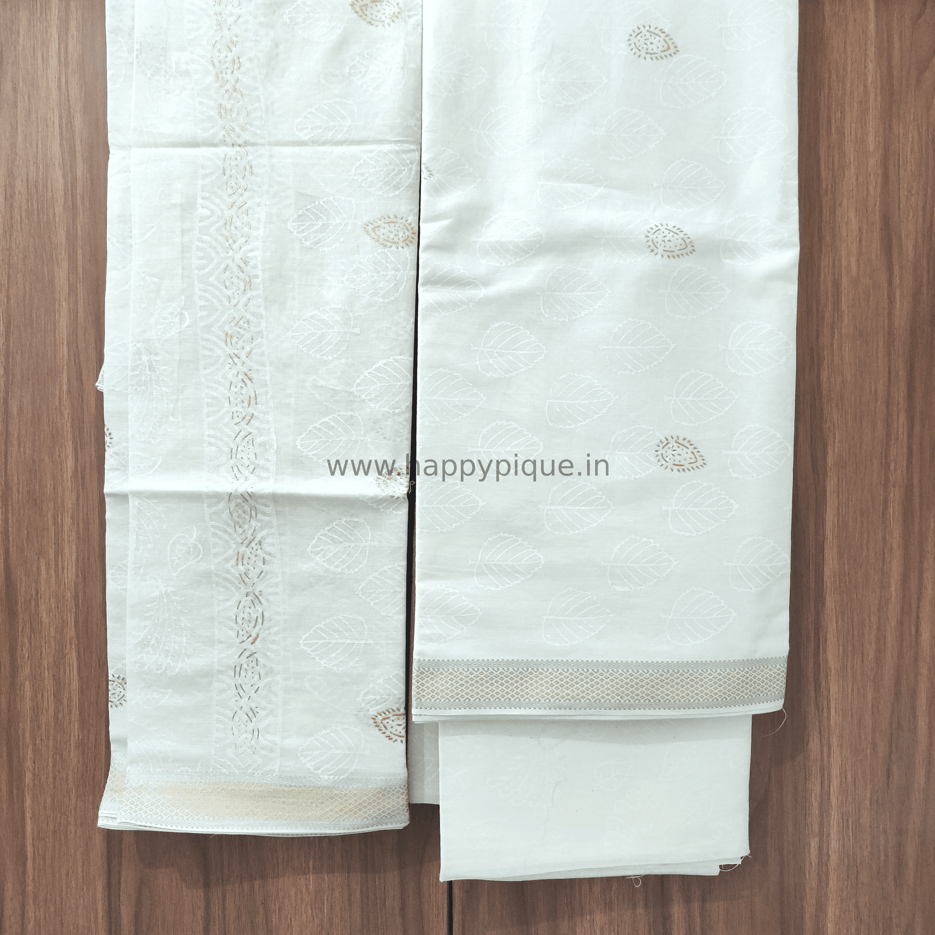 Resham Border Hand Block Printed Unstitched Cotton Suit Fabric - White