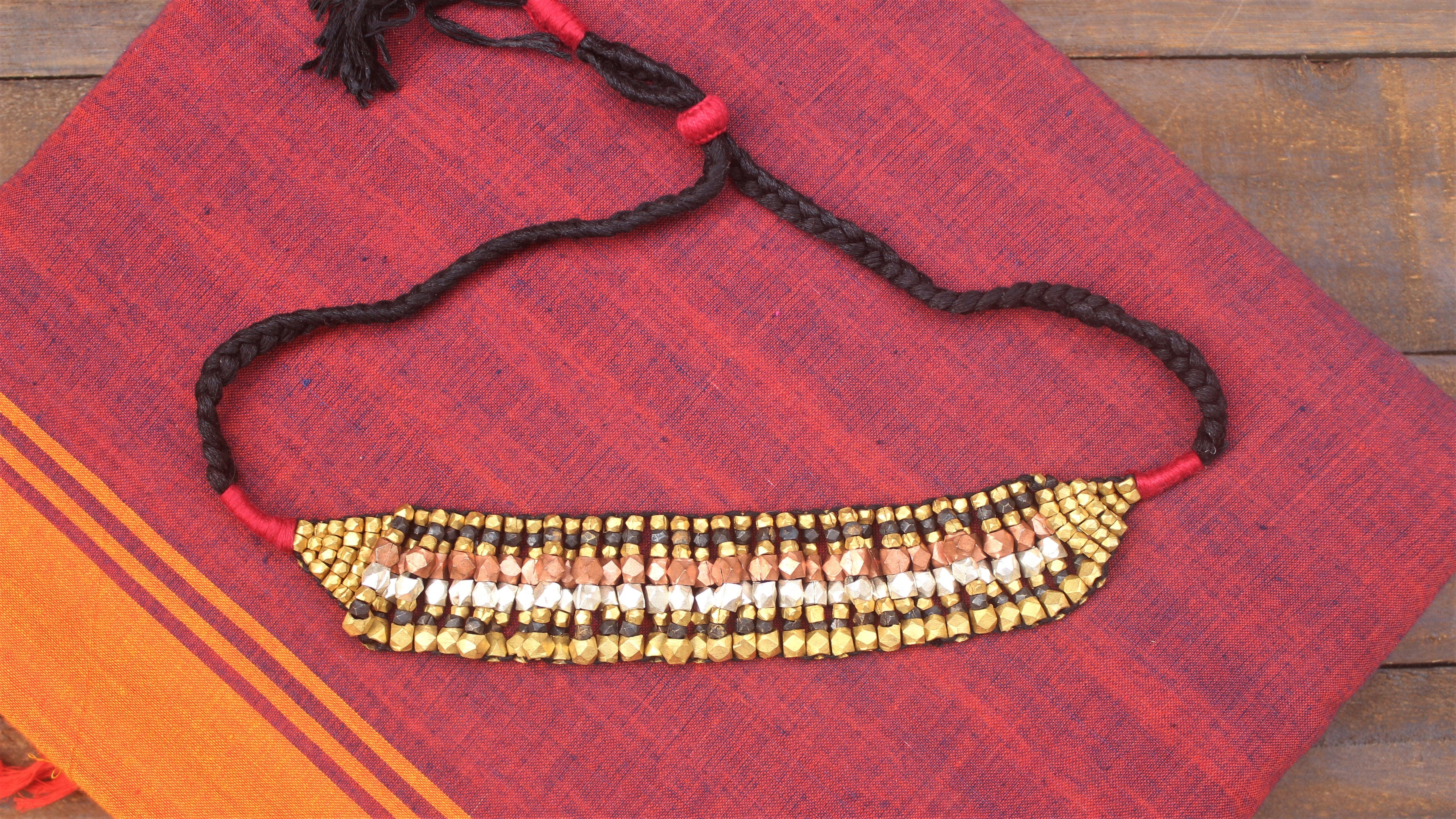 Handcrafted Thick Brass Rose, Silver & Gold Dhokra Beads Choker - Happy Pique 