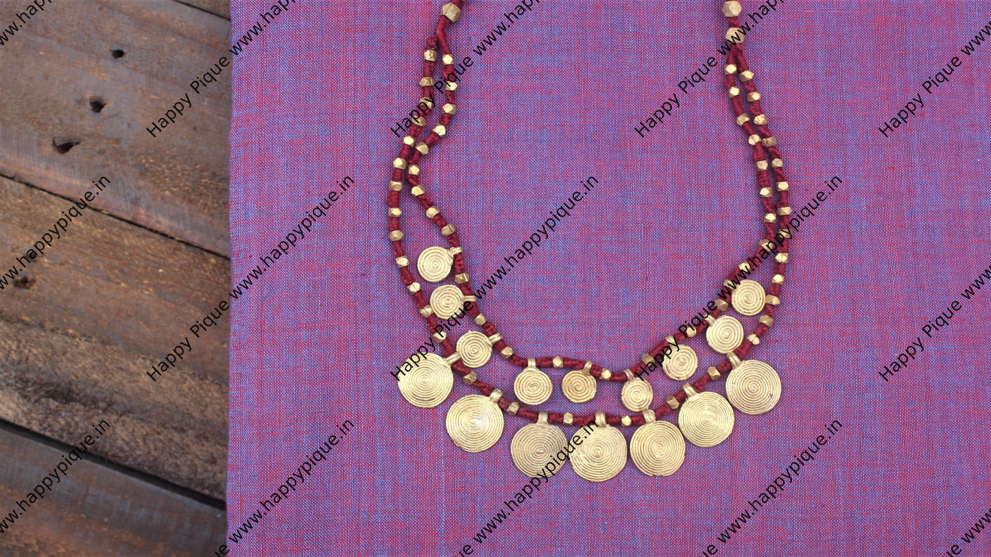 Two Layer Tribal Dhokra Spiral Coins Necklace - Maroon